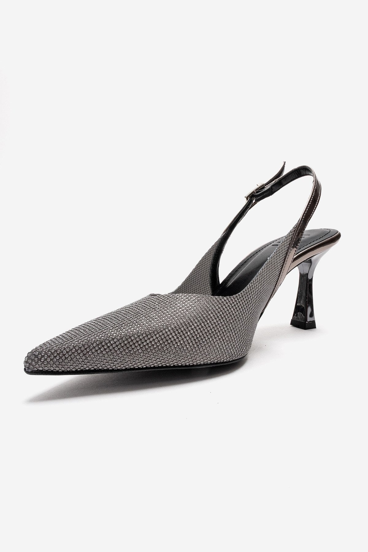 Dorata - Platinum Embellished Stiletto Pump – top view showing leather, glitter, metallic, Vowalisse