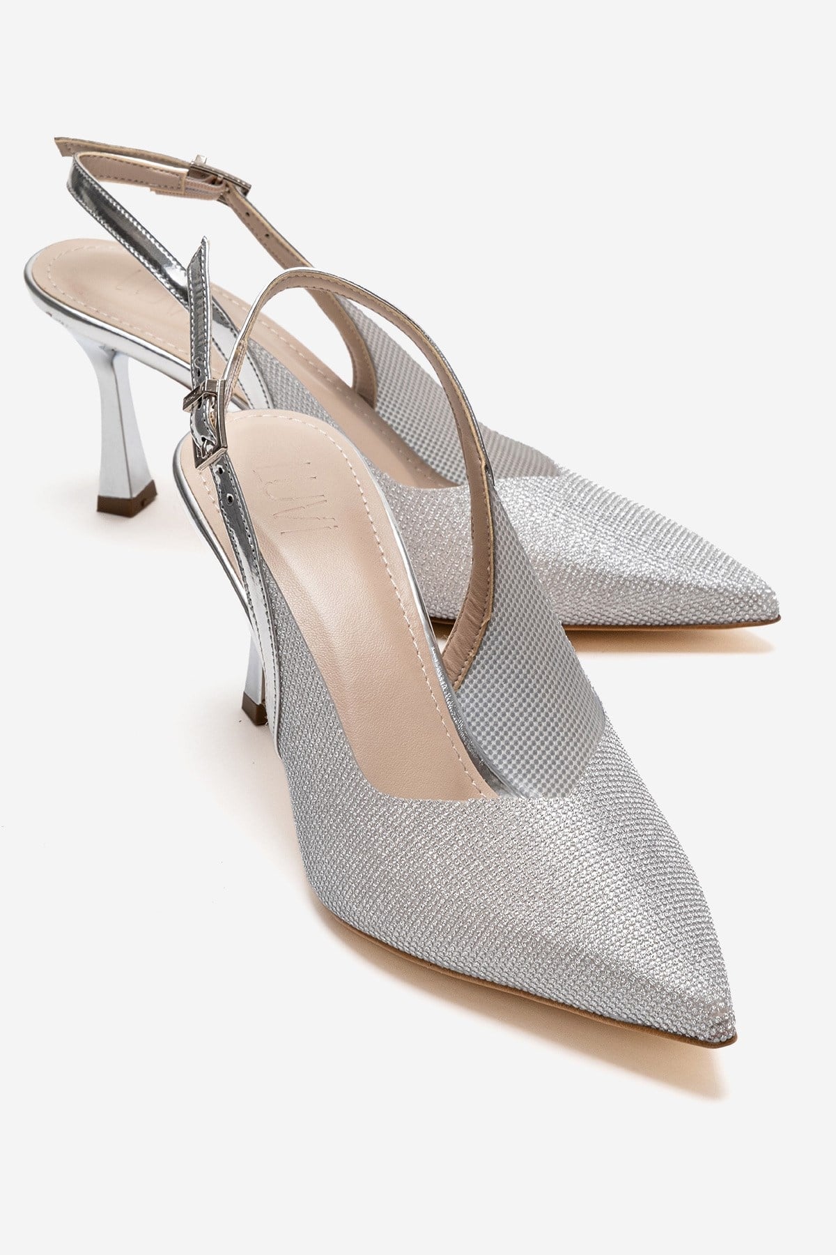 Dorata - Silver Embellished Stiletto Pump – front three-quarter view showing leather, glitter, silver, Vowalisse