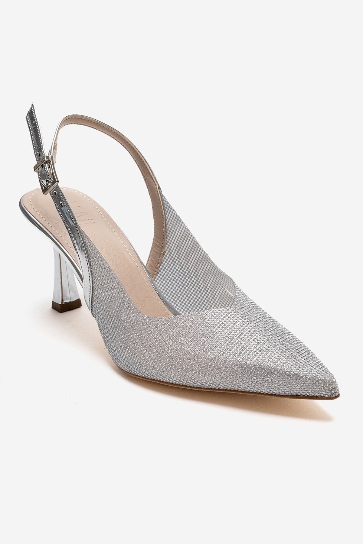 Dorata - Silver Embellished Stiletto Pump – detail view showing leather, glitter, silver, Vowalisse