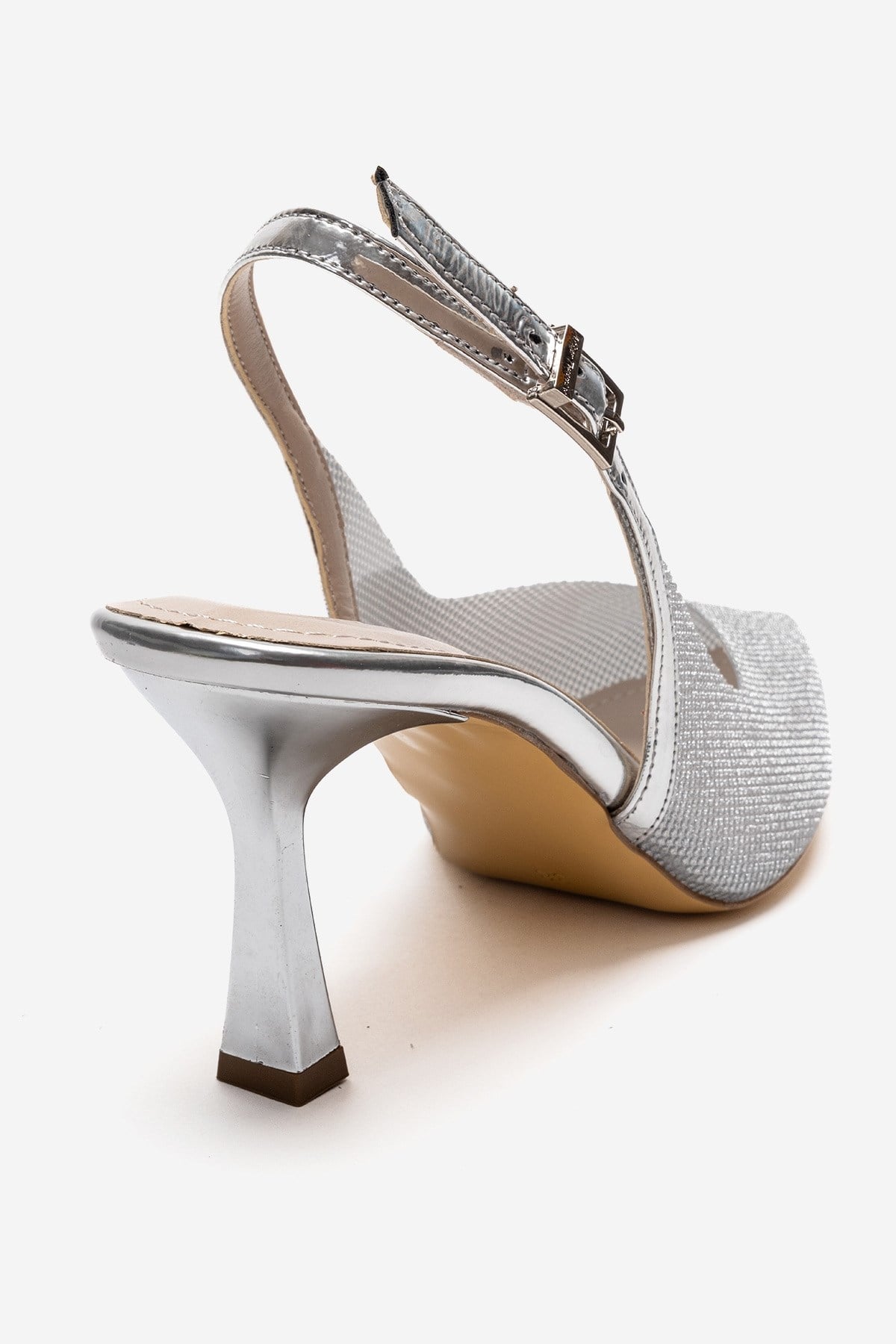 Dorata - Silver Embellished Stiletto Pump – back view showing leather, glitter, silver, Vowalisse