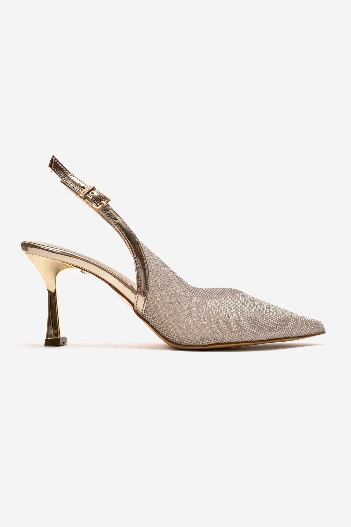 Dorata - Gold Embellished Stiletto Pump – heel view showing leather, glitter, gold, Vowalisse