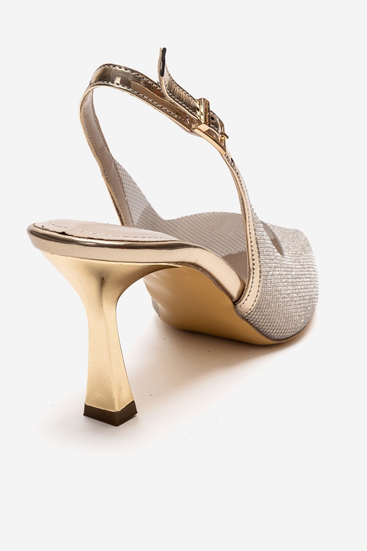 Dorata - Gold Embellished Stiletto Pump – back view showing leather, glitter, gold, Vowalisse