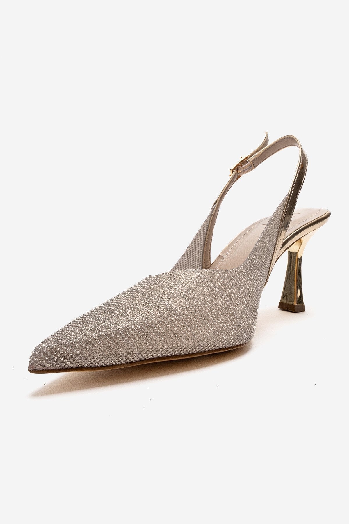 Dorata - Gold Embellished Stiletto Pump – top view showing leather, glitter, gold, Vowalisse