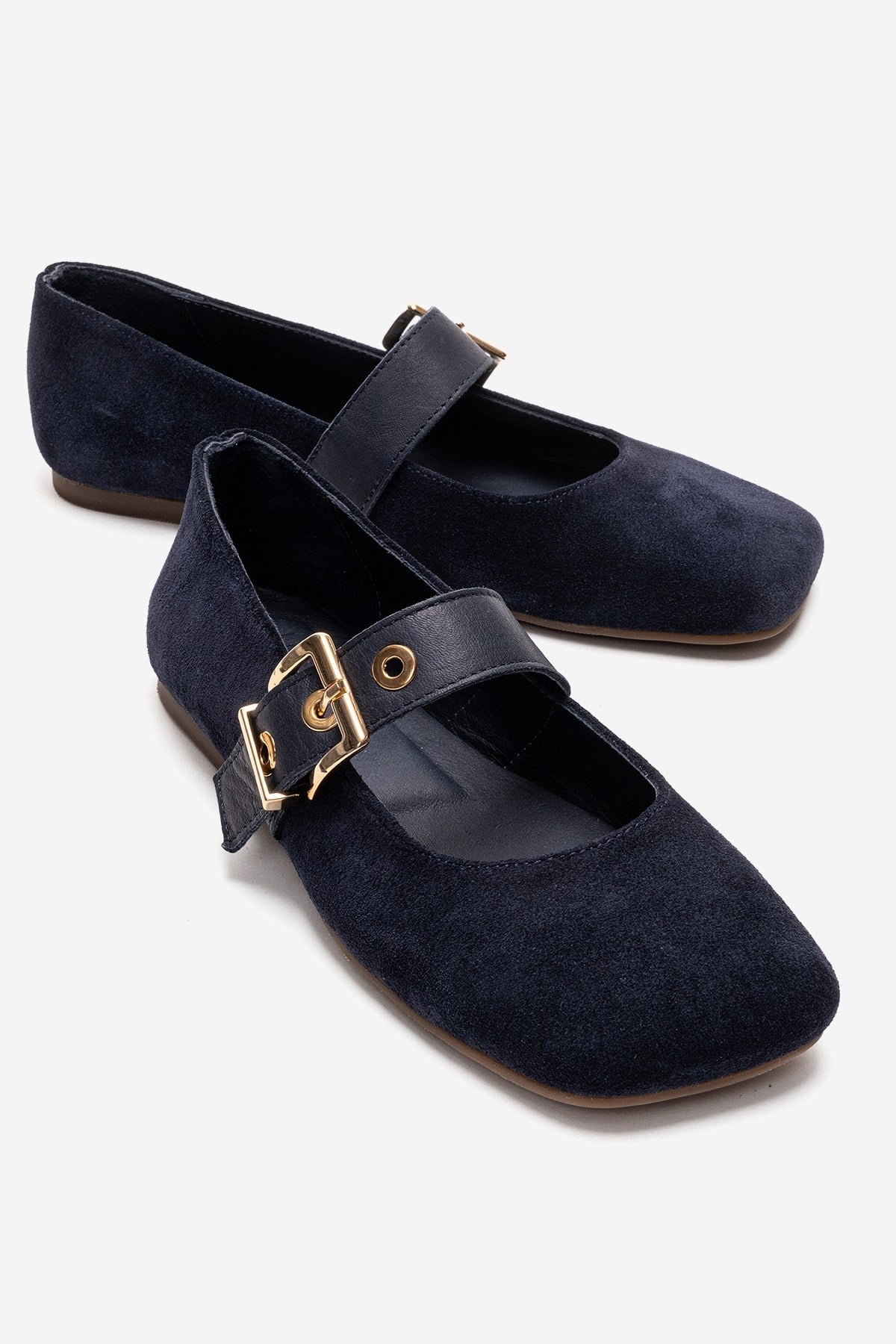 Jonas - Navy Genuine Leather Mary Jane Ballet Flat – front three-quarter view showing leather, suede, Vowalisse