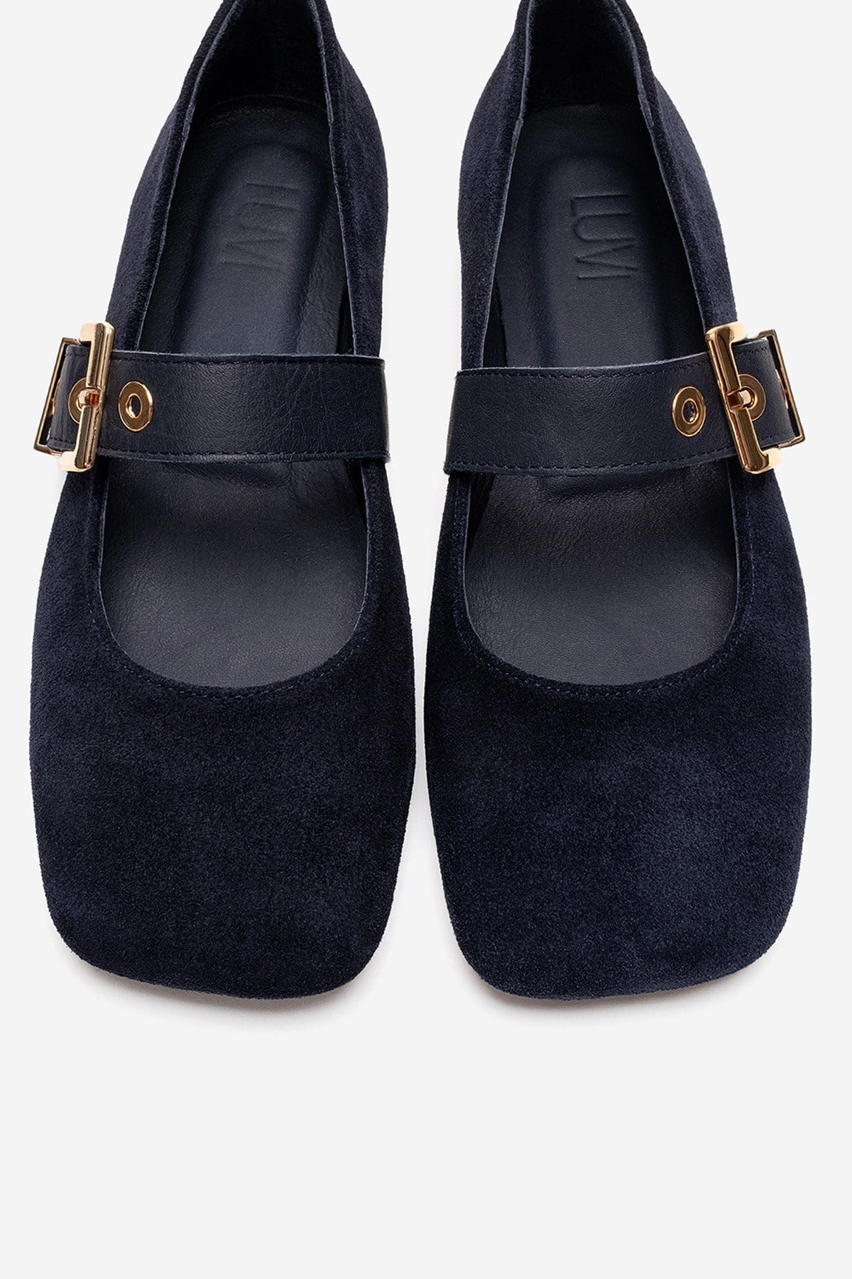 Jonas - Navy Genuine Leather Mary Jane Ballet Flat – side view showing leather, suede, Vowalisse