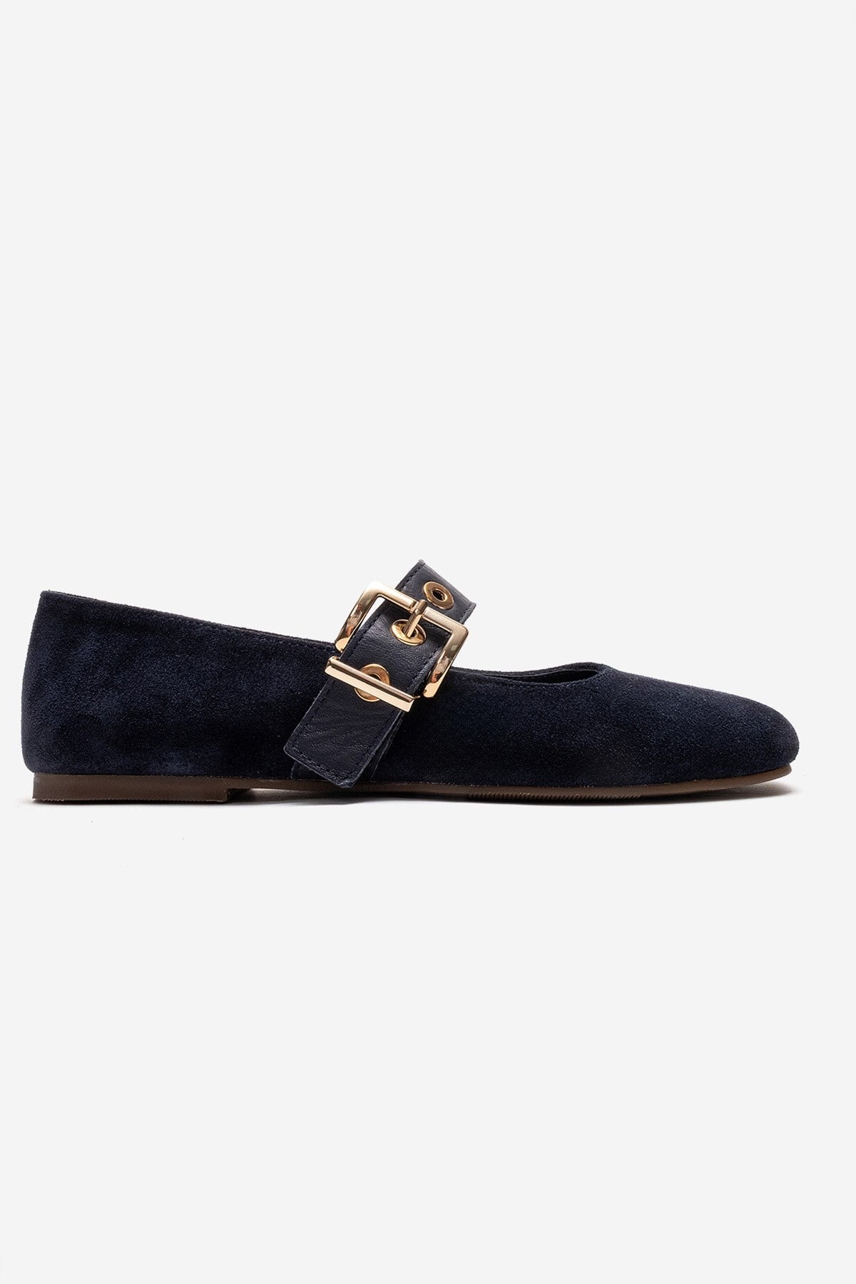Jonas - Navy Genuine Leather Mary Jane Ballet Flat – heel view showing leather, suede, Vowalisse