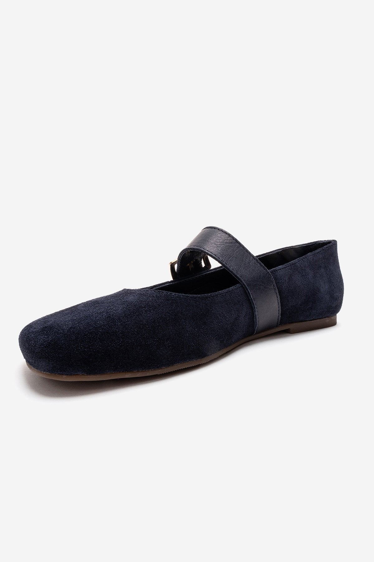 Jonas - Navy Genuine Leather Mary Jane Ballet Flat – top view showing leather, suede, Vowalisse