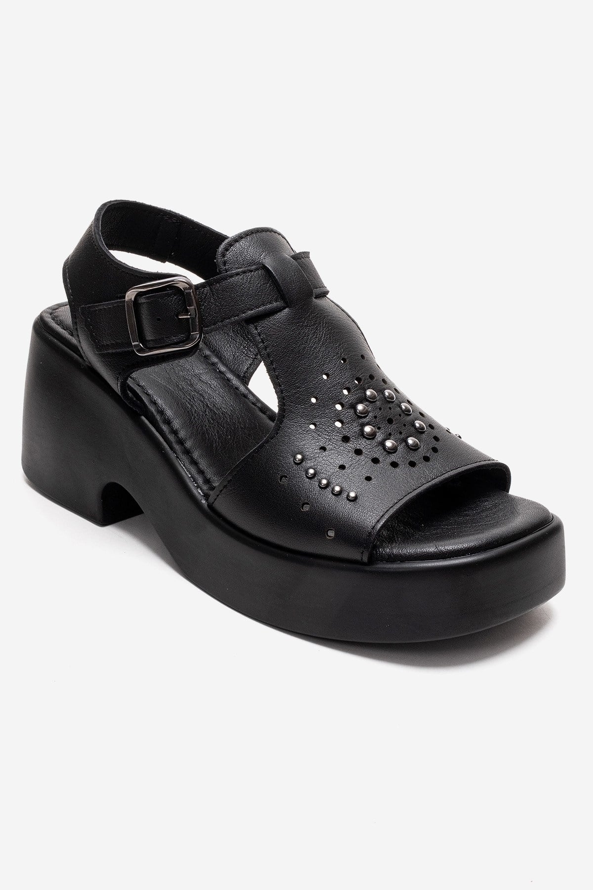 Romina - Black Genuine Leather Platform Heel Sandal – detail view showing leather, black, Vowalisse