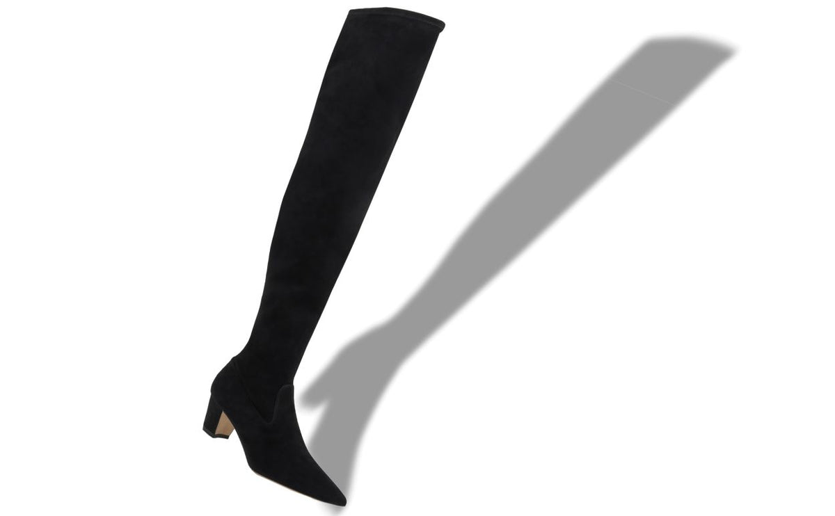 Juliette Flame Black Suede Knee-High Boots – front three-quarter view showing black suede, Vowalisse