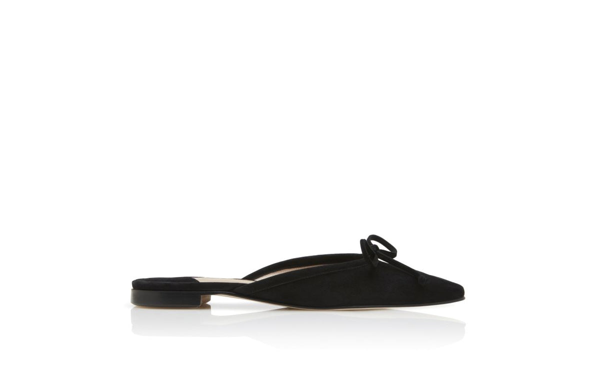 Seraphina Bloom Black Almond Toe Mules – side profile showing black almond toe, suede, lace, Vowalisse
