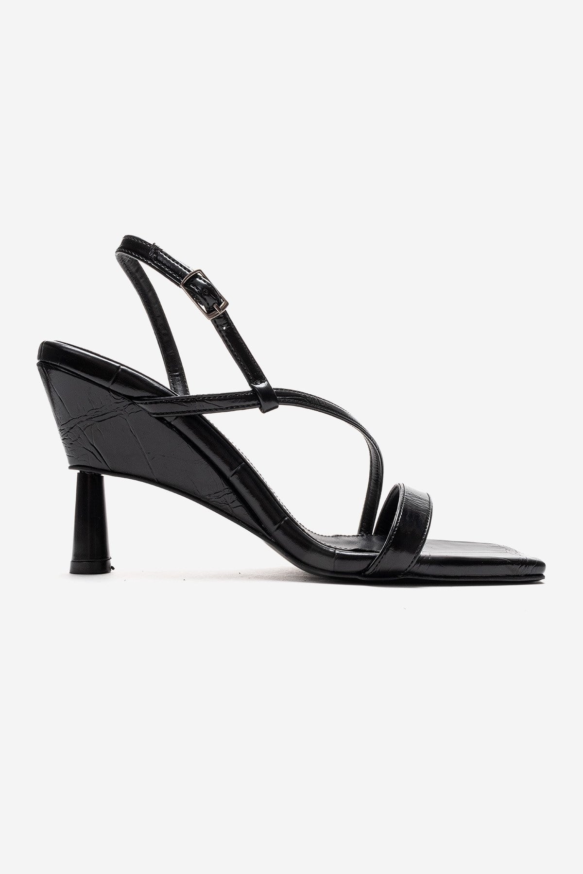 JOLENE - Black Stiletto Pump – heel view showing leather, black, Vowalisse