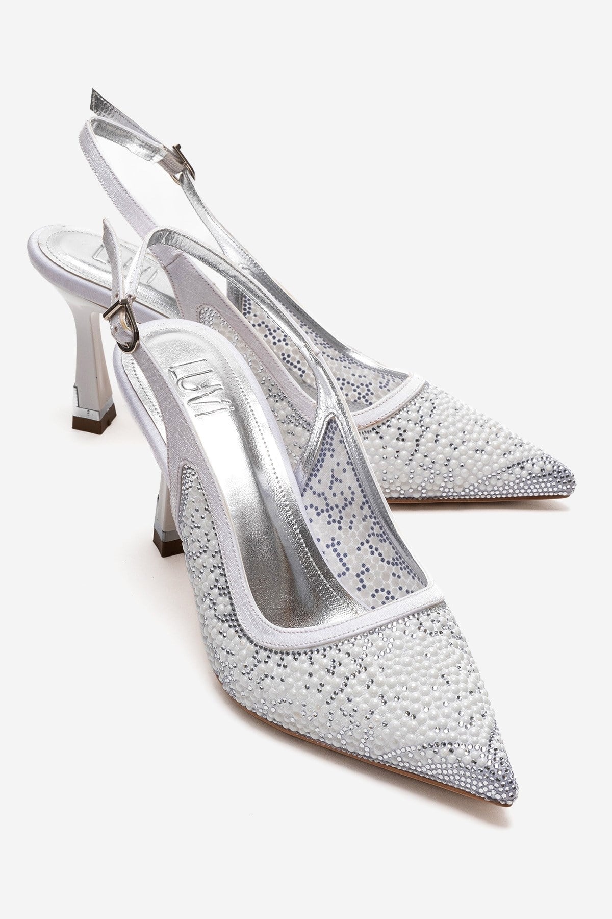 Frea - White Textile Stiletto Pump – front three-quarter view showing pearl, crystal, leather, Vowalisse