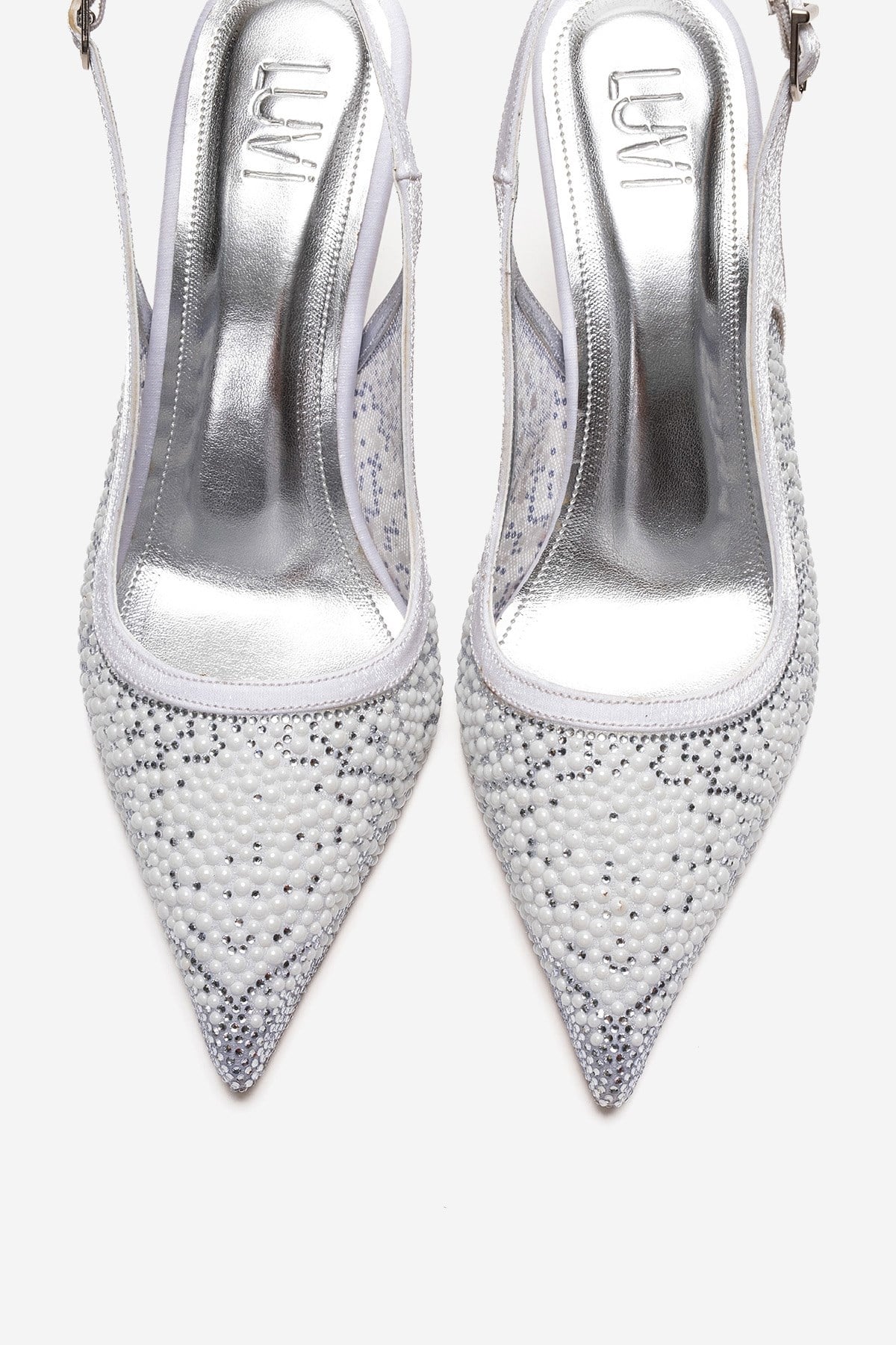 Frea - White Textile Stiletto Pump – side view showing pearl, crystal, leather, Vowalisse
