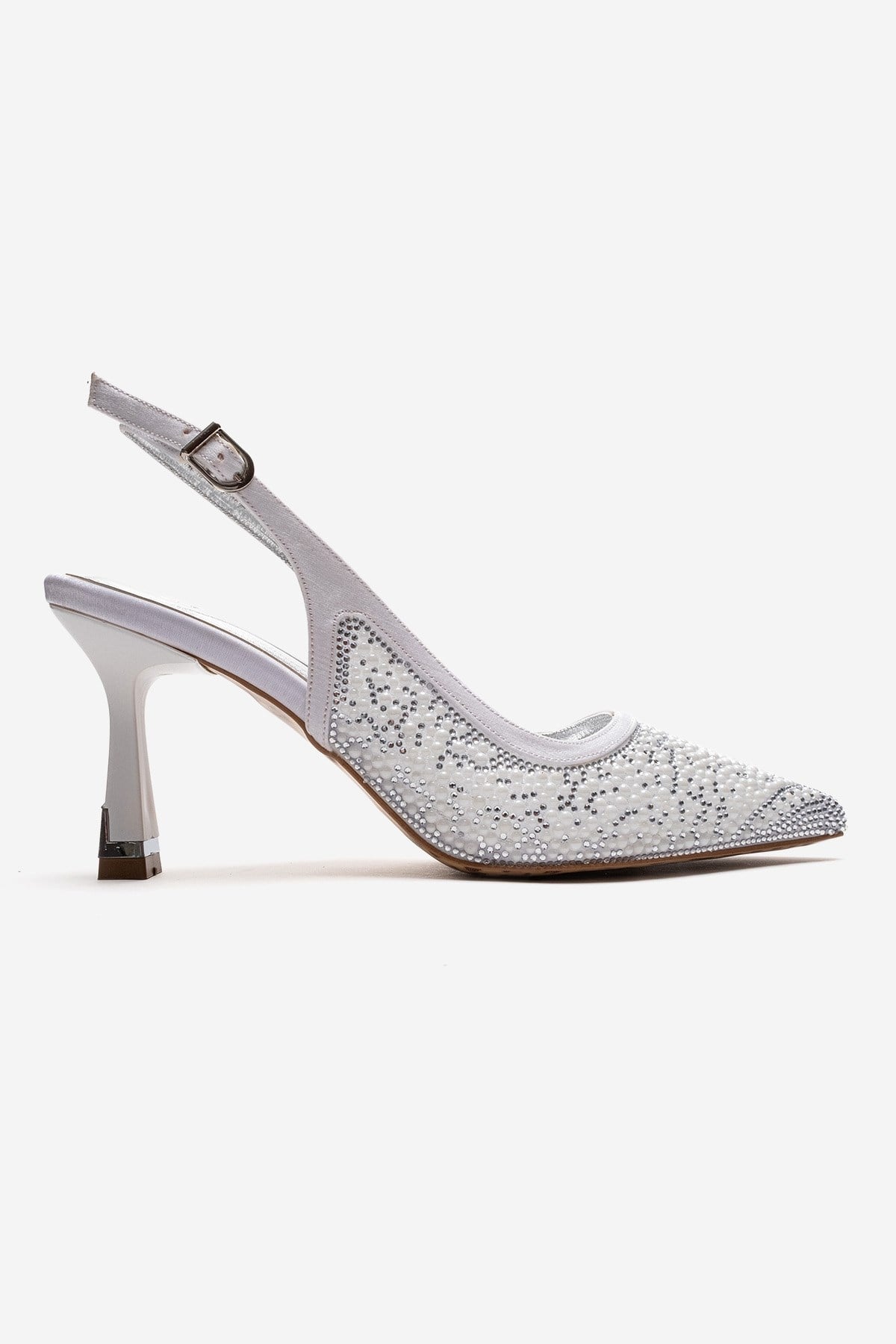 Frea - White Textile Stiletto Pump – detail view showing pearl, crystal, leather, Vowalisse