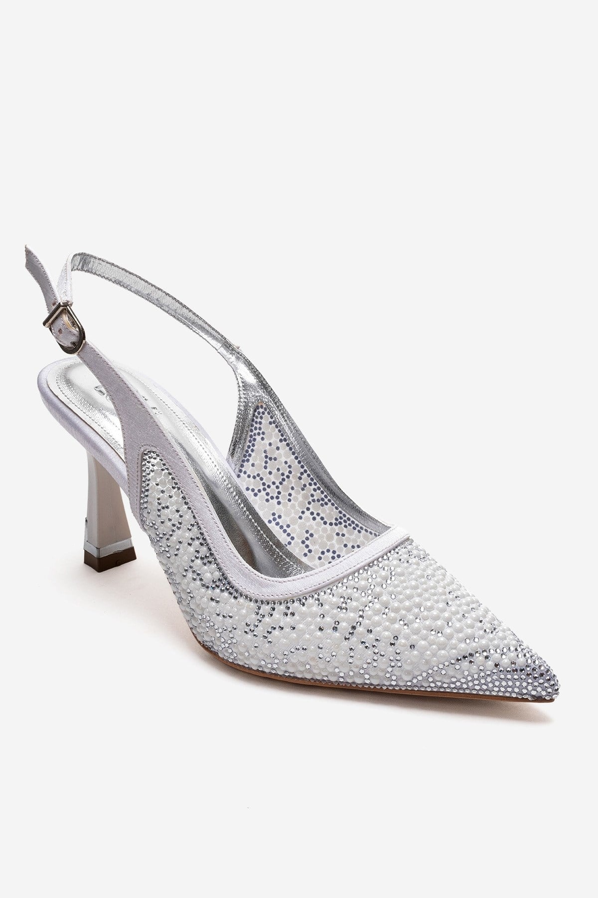 Frea - White Textile Stiletto Pump – heel view showing pearl, crystal, leather, Vowalisse