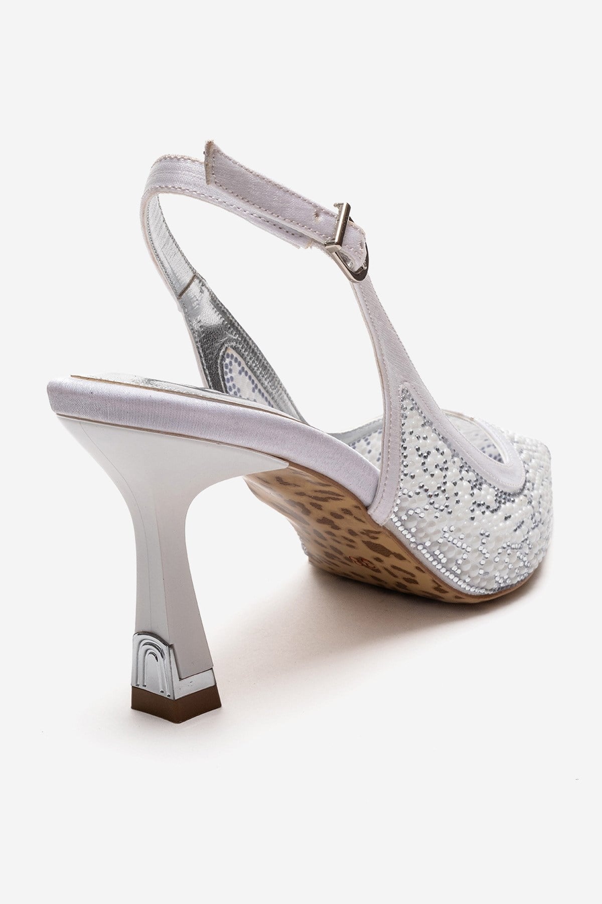 Frea - White Textile Stiletto Pump – back view showing pearl, crystal, leather, Vowalisse