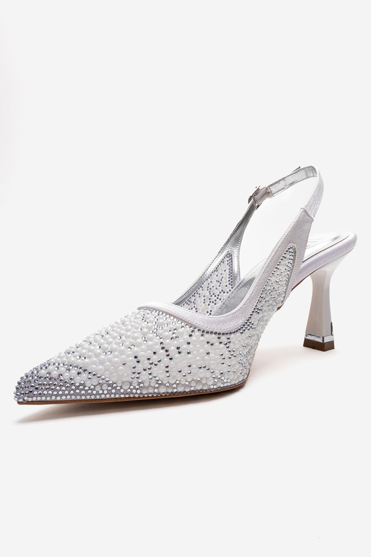 Frea - White Textile Stiletto Pump – top view showing pearl, crystal, leather, Vowalisse