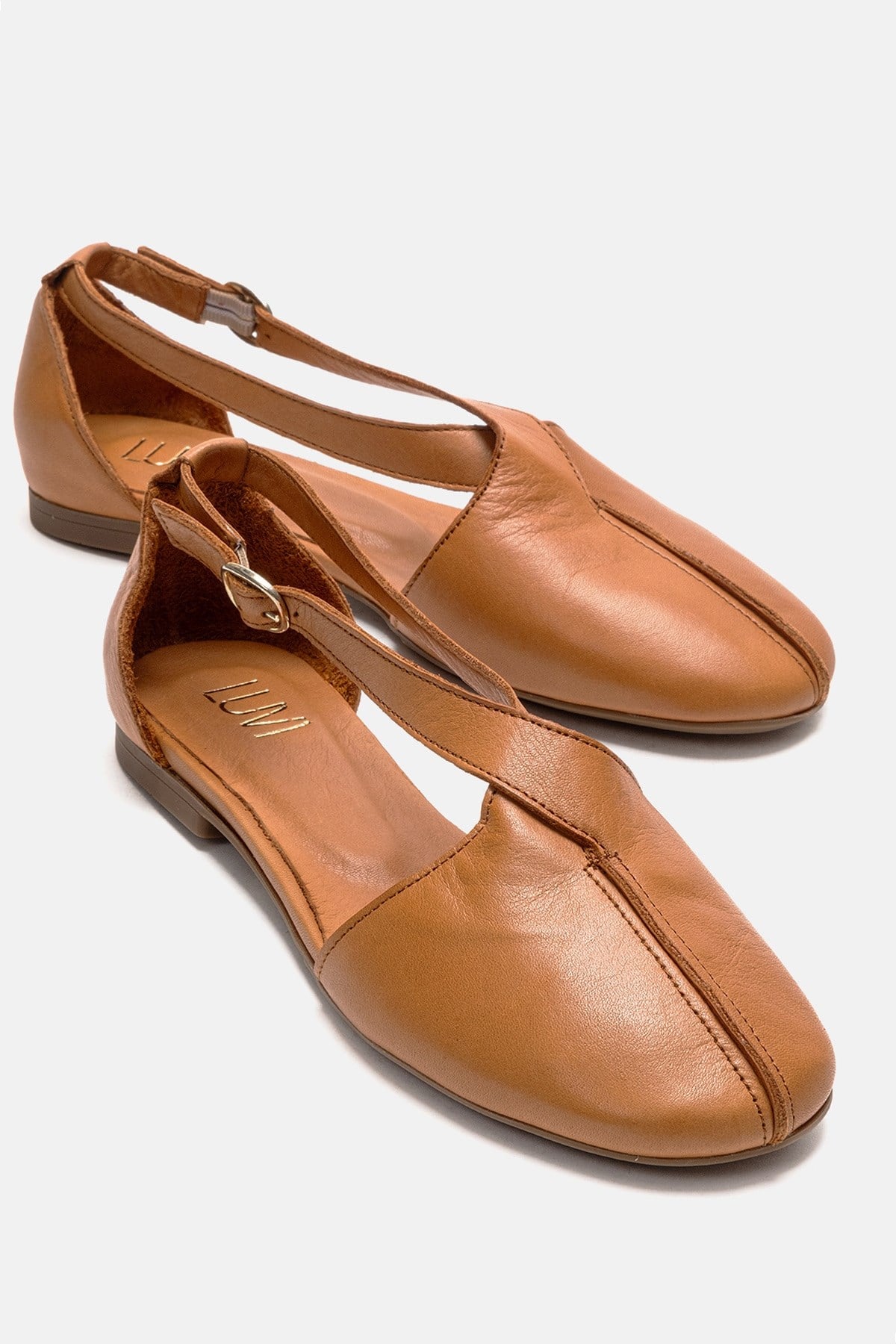 Fable - Camel Genuine Leather Open-Side Ballet Flat – front three-quarter view showing leather, Vowalisse