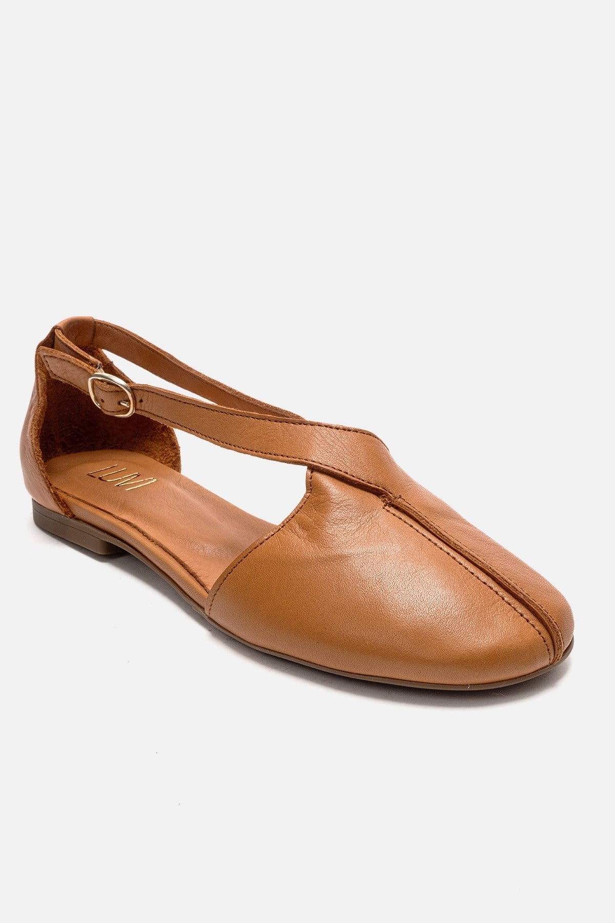 Fable - Camel Genuine Leather Open-Side Ballet Flat – detail view showing leather, Vowalisse