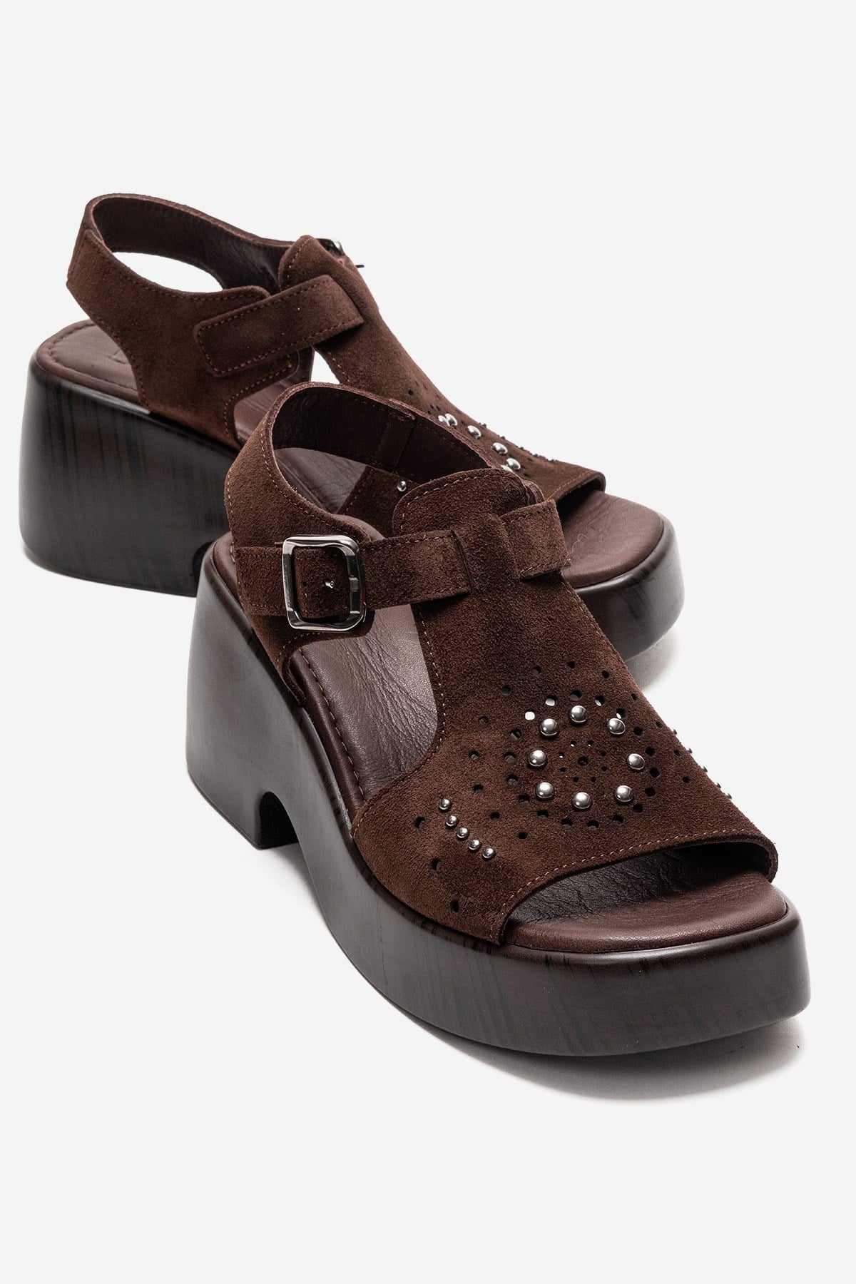 Romina - Brown Genuine Suede Leather Platform Heel Sandal – front three-quarter view showing leather, suede, metallic…