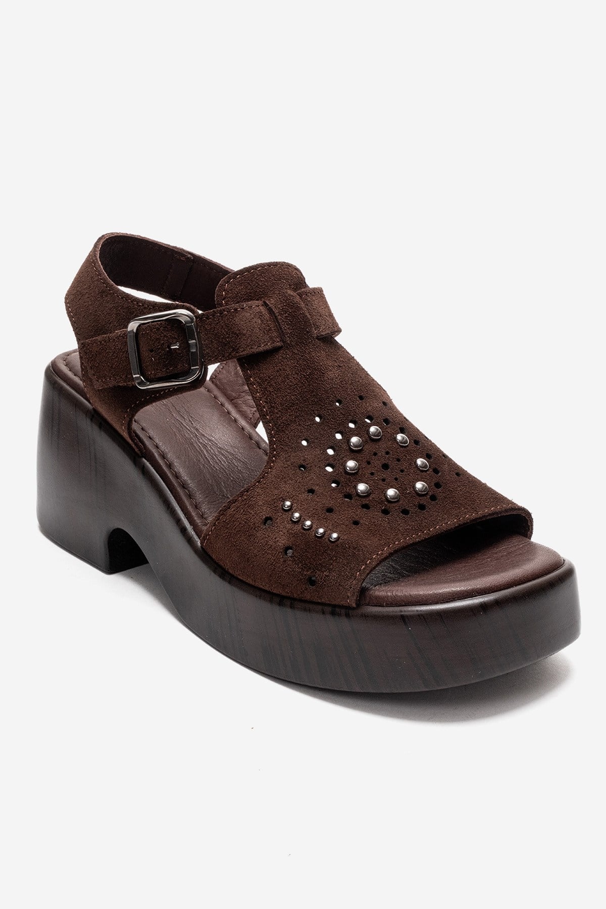 Romina - Brown Genuine Suede Leather Platform Heel Sandal – detail view showing leather, suede, metallic, Vowalisse