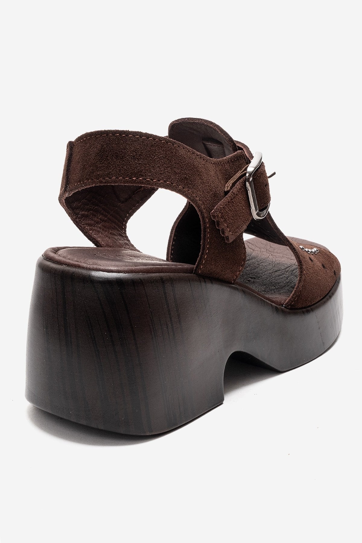 Romina - Brown Genuine Suede Leather Platform Heel Sandal – back view showing leather, suede, metallic, Vowalisse