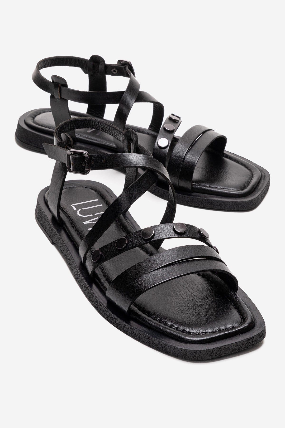 POOLE - Black Genuine Leather Multi-Strap Sandal – front three-quarter view showing leather, black, Vowalisse