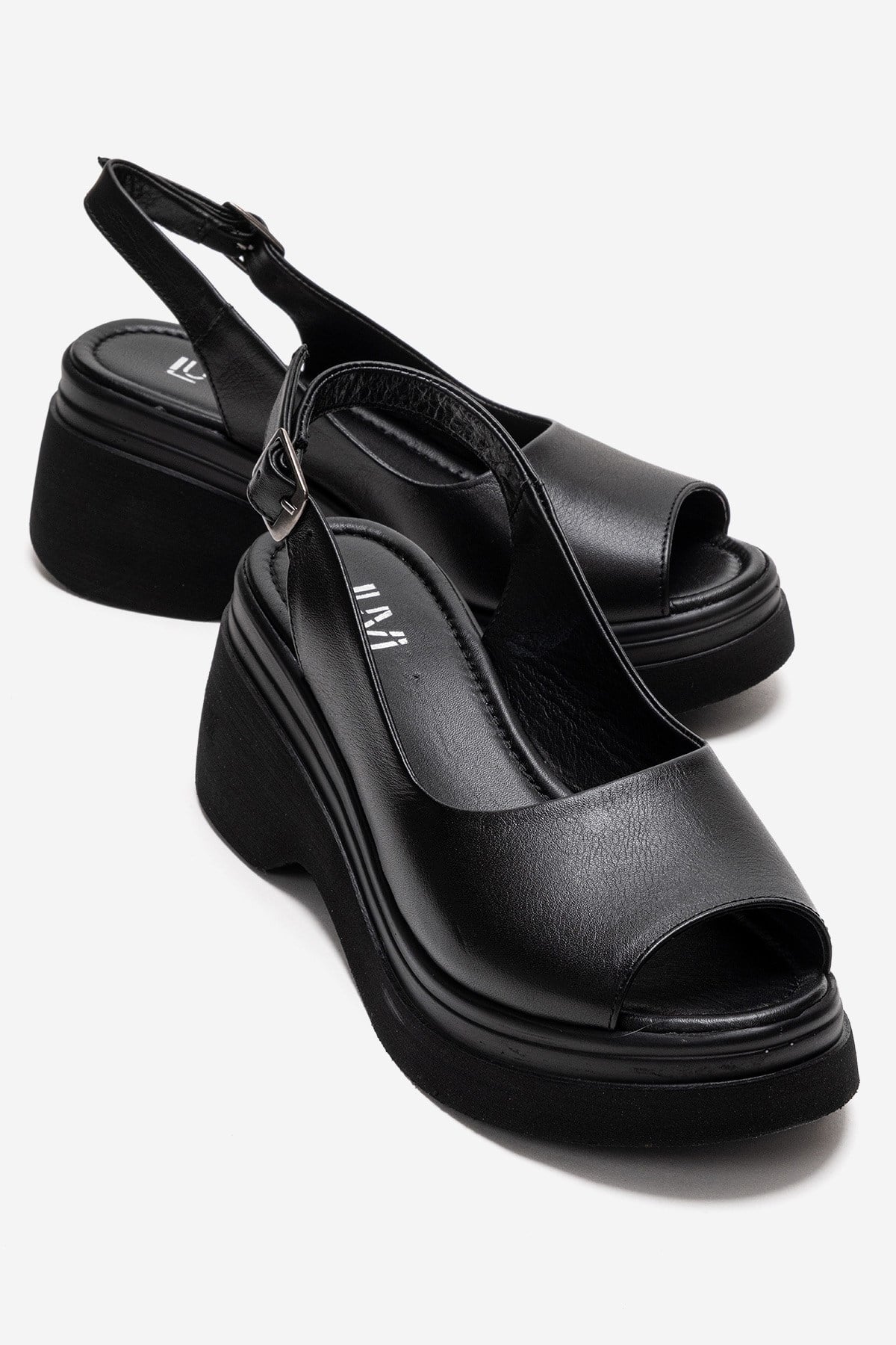LAURE - Black Genuine Leather Platform Sandal – front three-quarter view showing leather, black, Vowalisse