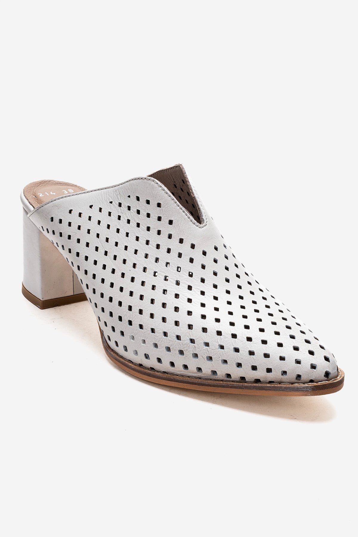 TOEN - White Genuine Leather Block Heel Mule – detail view showing leather, white, Vowalisse