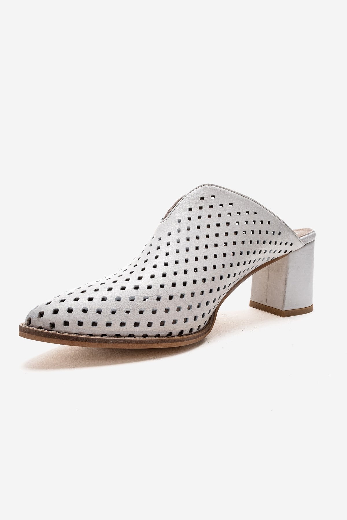 TOEN - White Genuine Leather Block Heel Mule – top view showing leather, white, Vowalisse