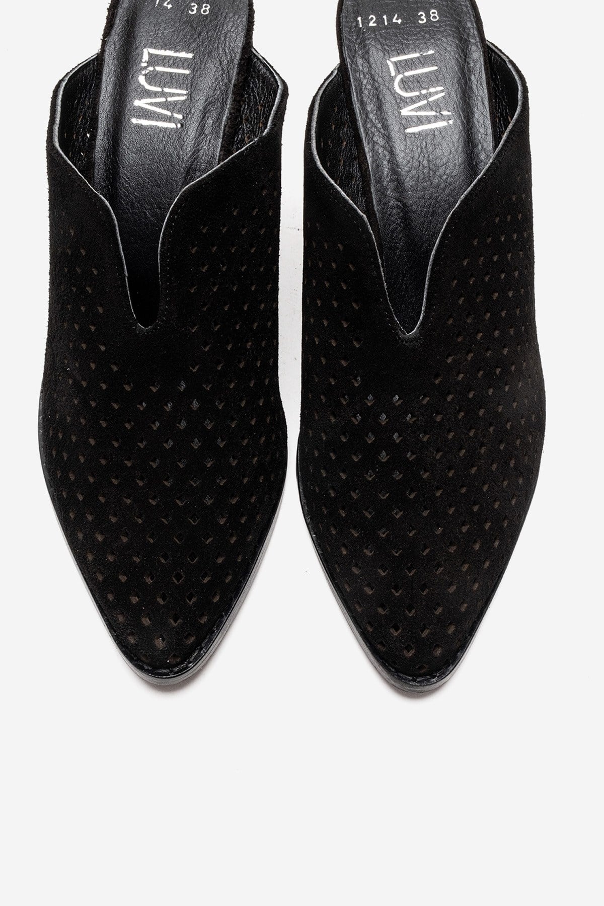 TOEN - Black Genuine Suede Leather Block Heel Mule – side view showing leather, suede, black, Vowalisse