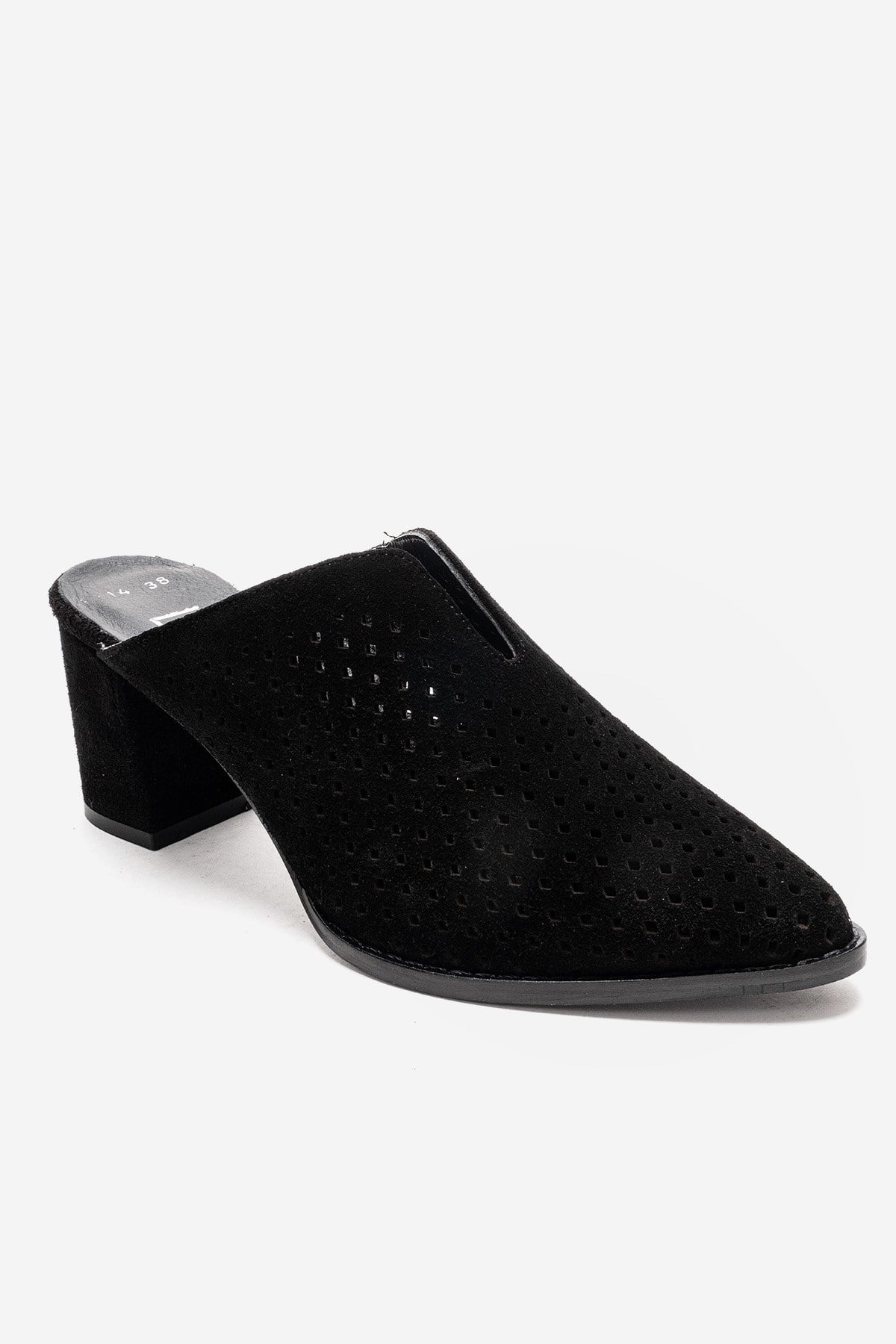 TOEN - Black Genuine Suede Leather Block Heel Mule – detail view showing leather, suede, black, Vowalisse