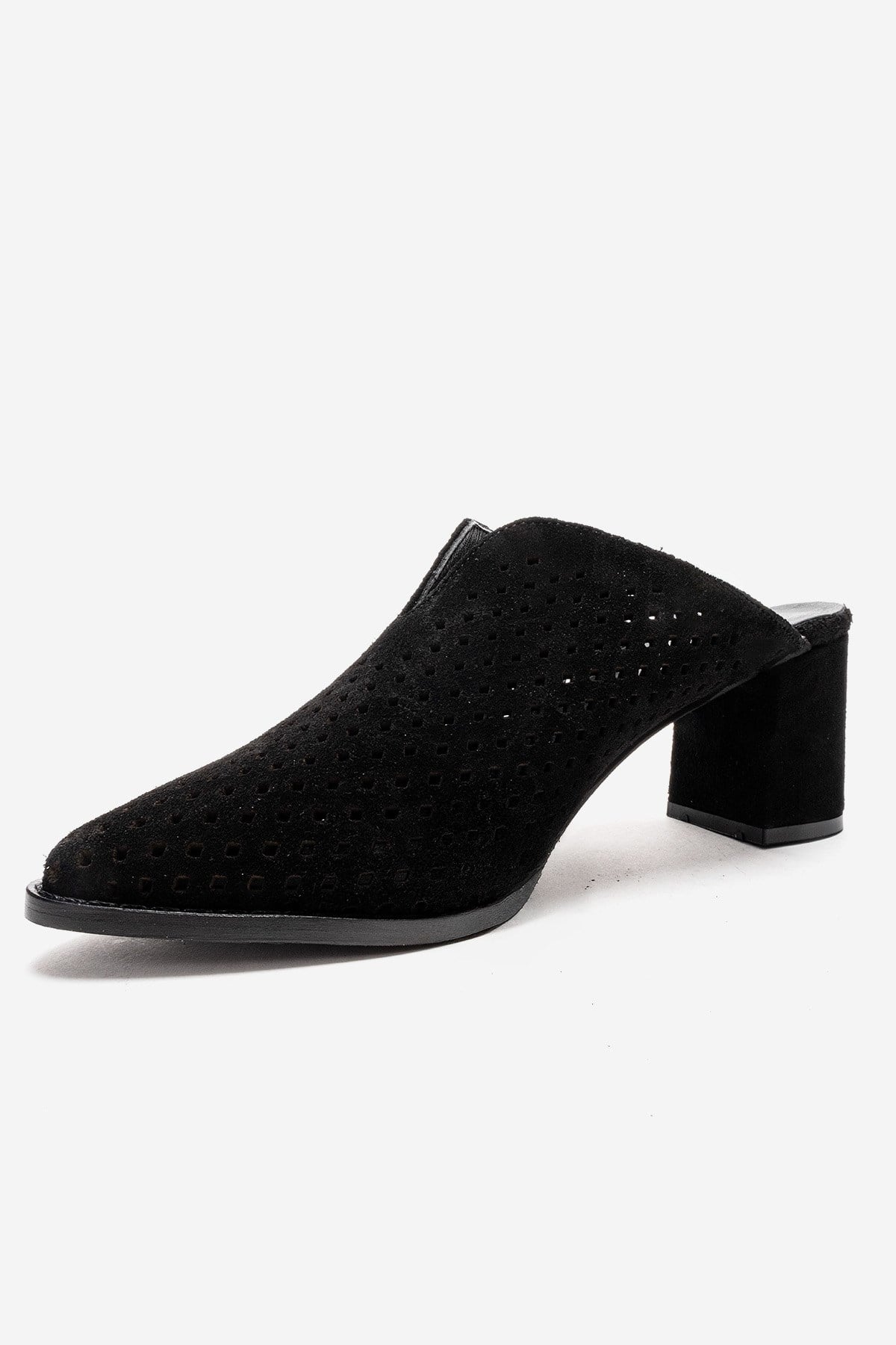 TOEN - Black Genuine Suede Leather Block Heel Mule – top view showing leather, suede, black, Vowalisse