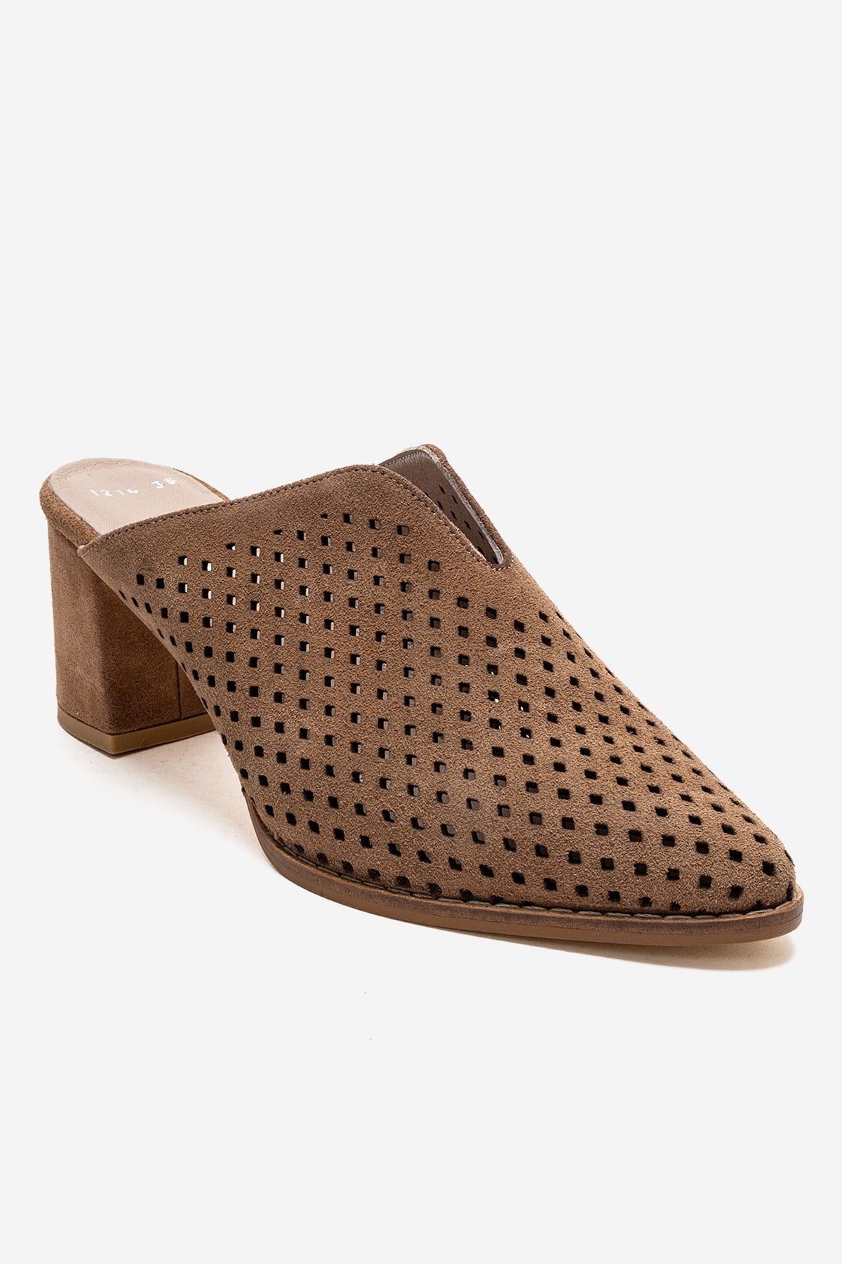 TOEN - Camel Genuine Leather Block Heel Mule – detail view showing leather, suede, Vowalisse