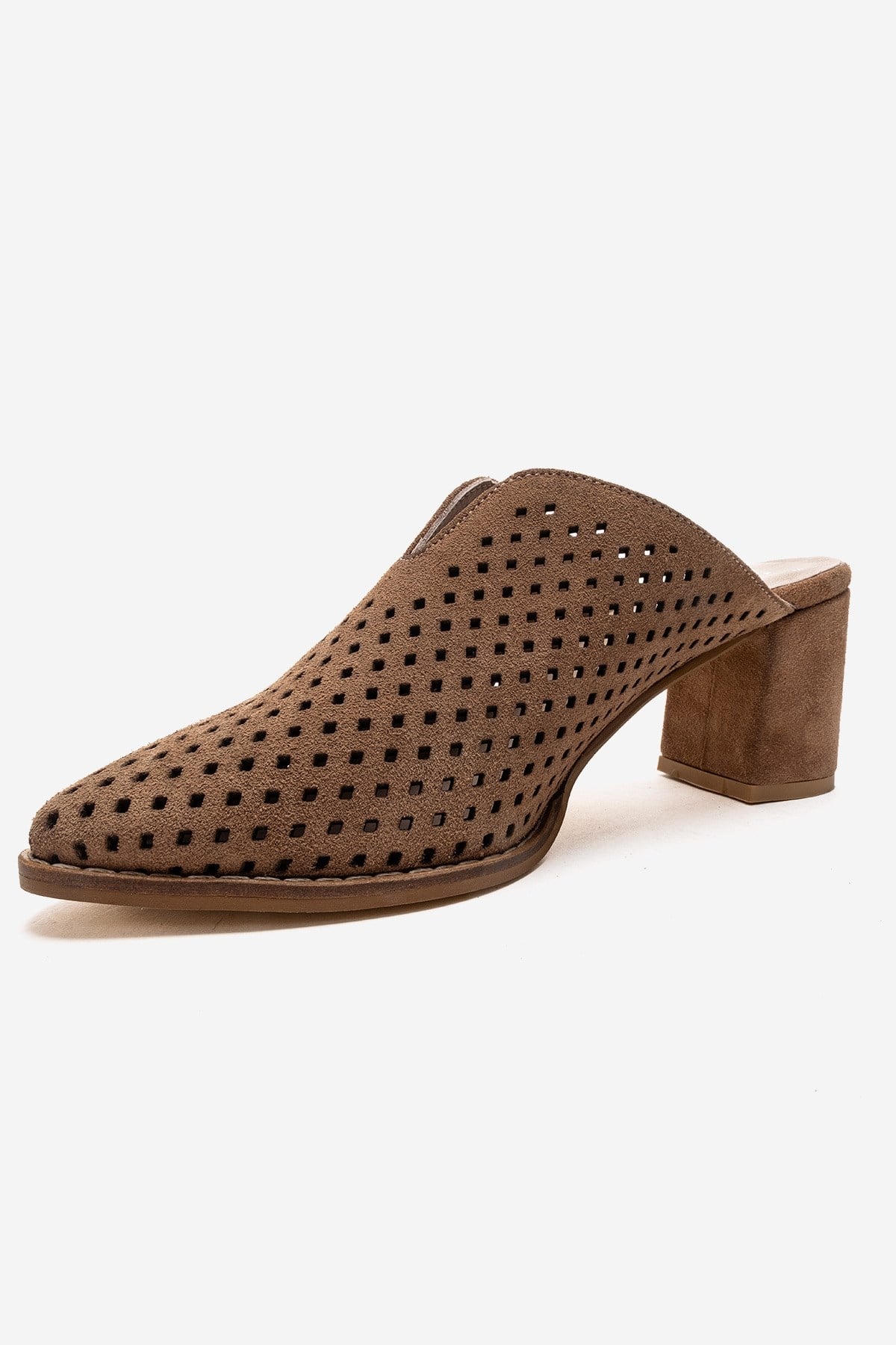 TOEN - Camel Genuine Leather Block Heel Mule – top view showing leather, suede, Vowalisse