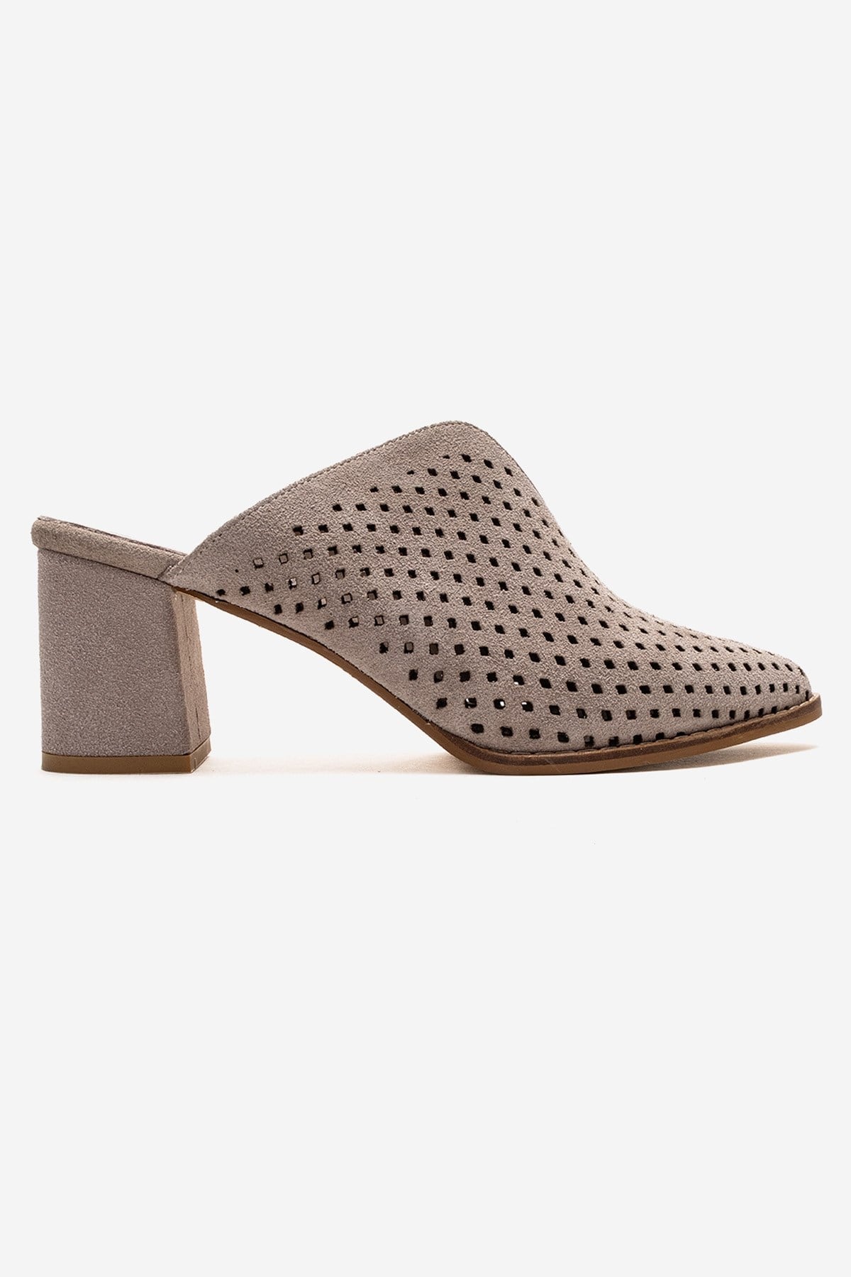 TOEN - Beige Genuine Leather Block Heel Mule – heel view showing leather, suede, Vowalisse