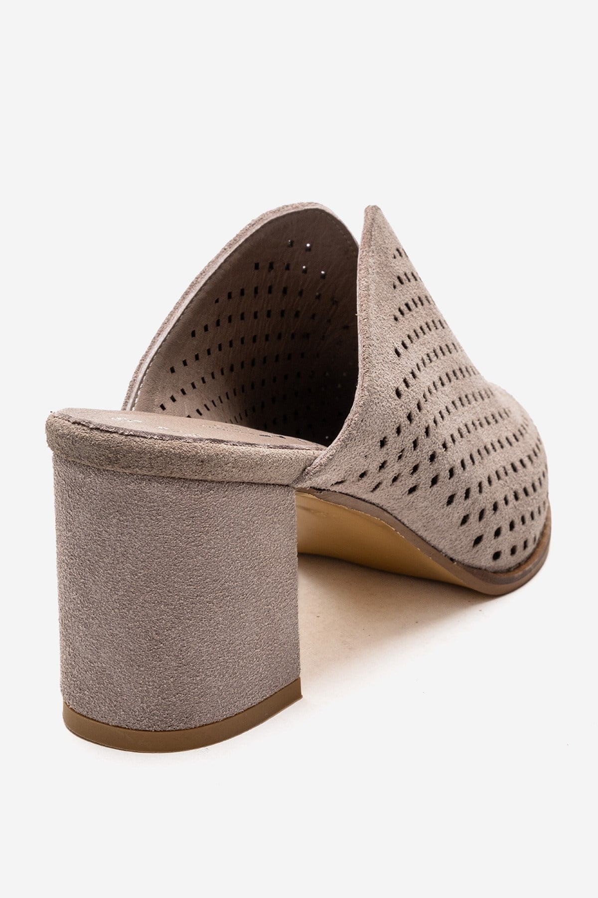 TOEN - Beige Genuine Leather Block Heel Mule – back view showing leather, suede, Vowalisse