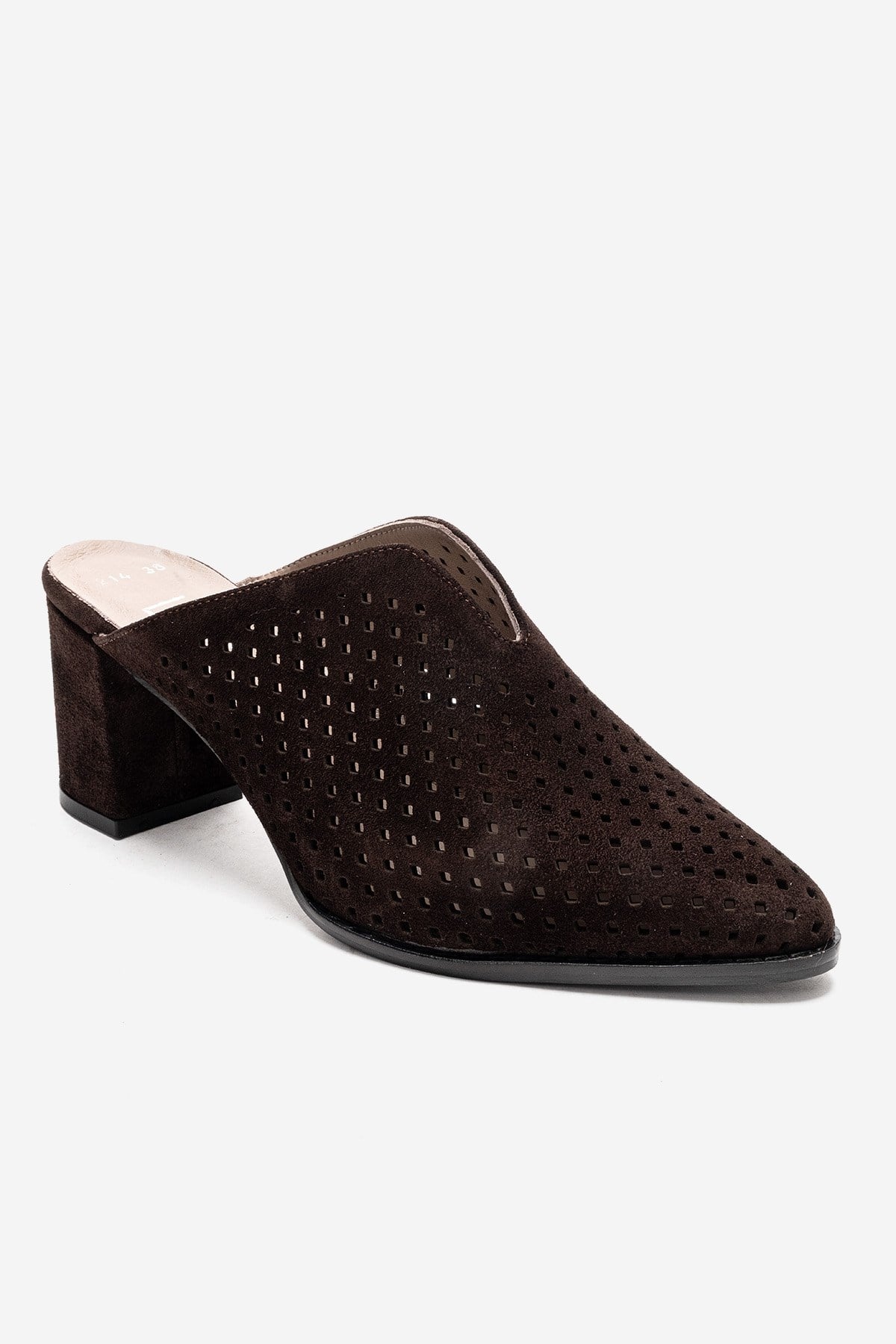 TOEN - Brown Genuine Leather Block Heel Mule – detail view showing leather, suede, Vowalisse