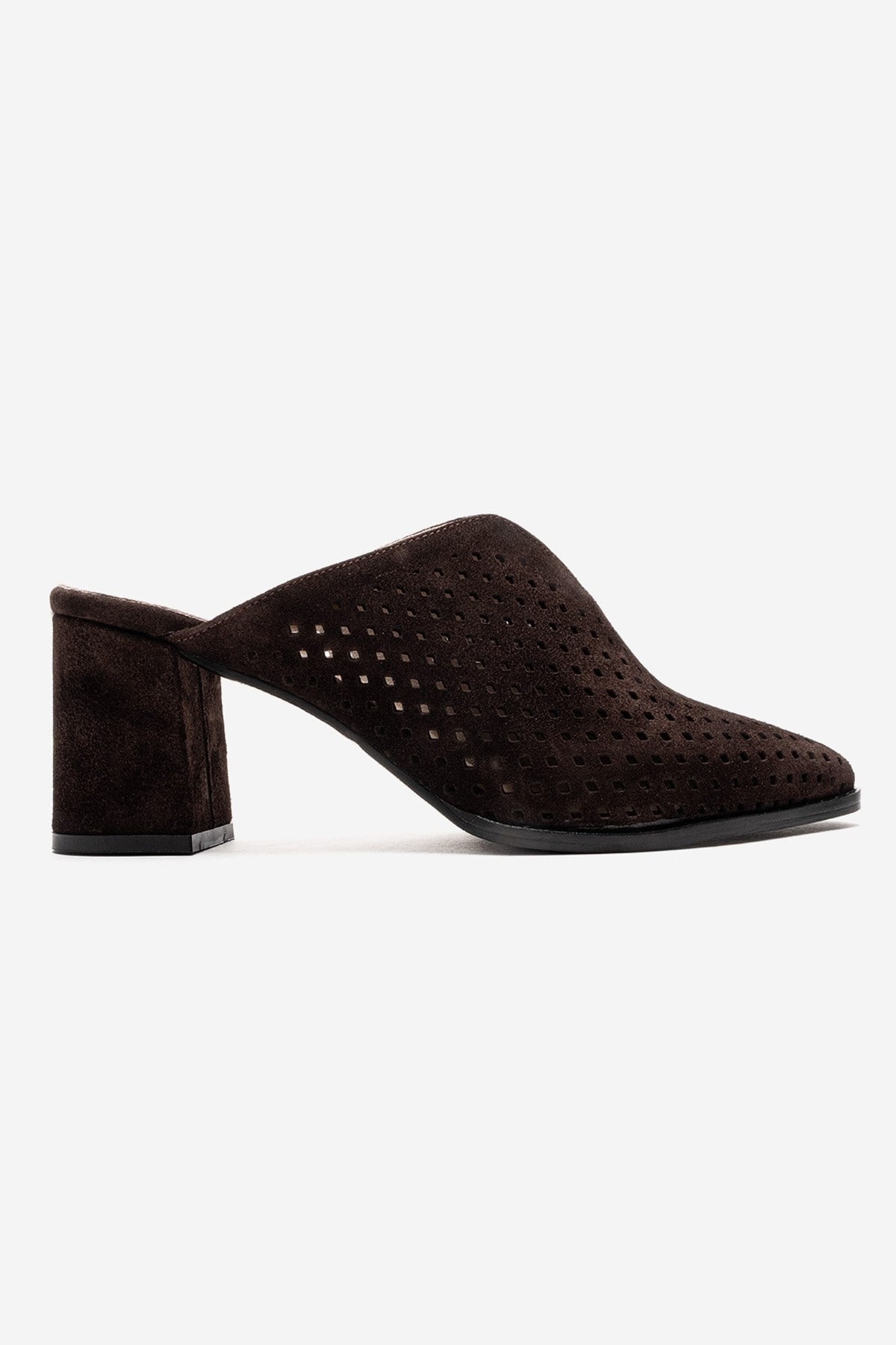 TOEN - Brown Genuine Leather Block Heel Mule – heel view showing leather, suede, Vowalisse