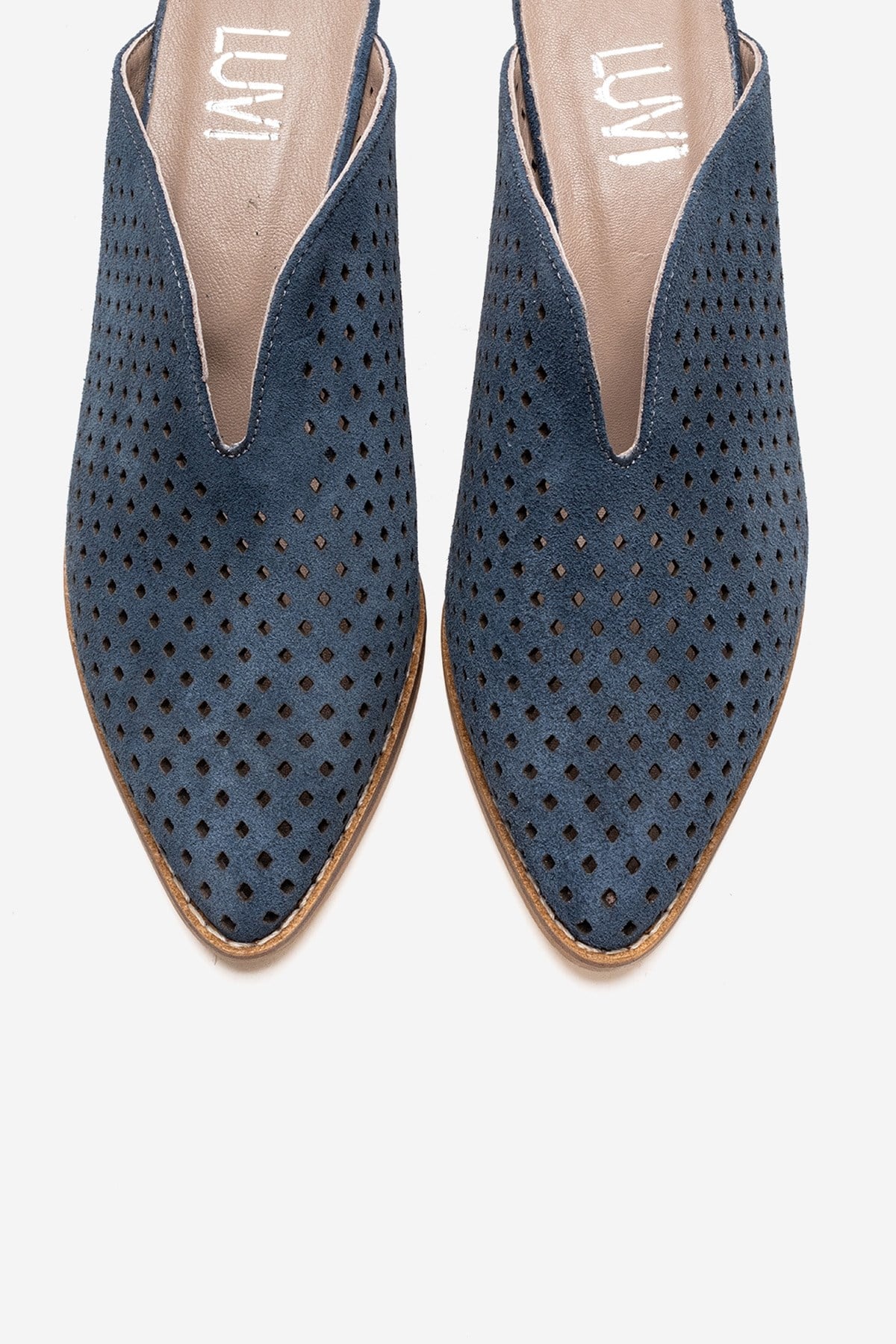 TOEN - Denim Blue Genuine Leather Block Heel Mule – side view showing leather, suede, blue, Vowalisse