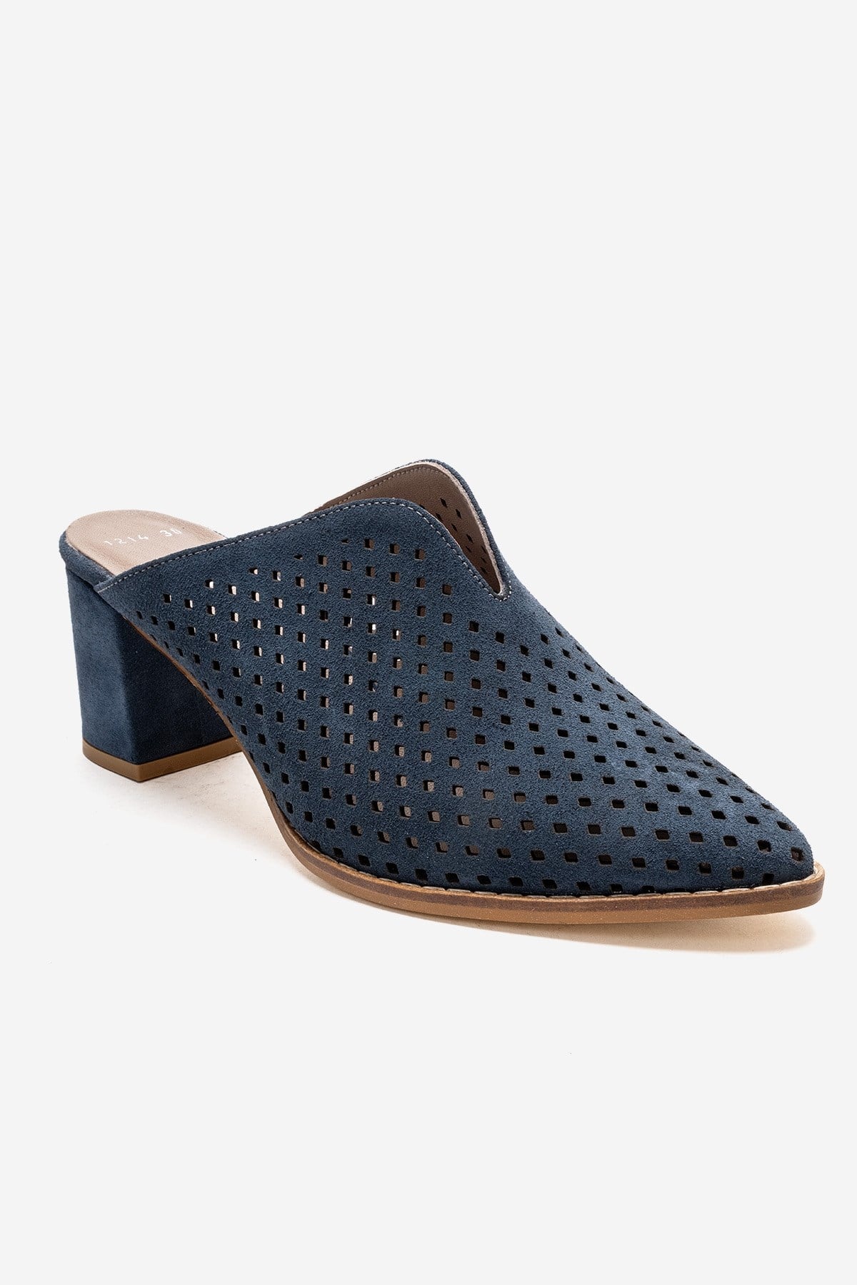 TOEN - Denim Blue Genuine Leather Block Heel Mule – detail view showing leather, suede, blue, Vowalisse