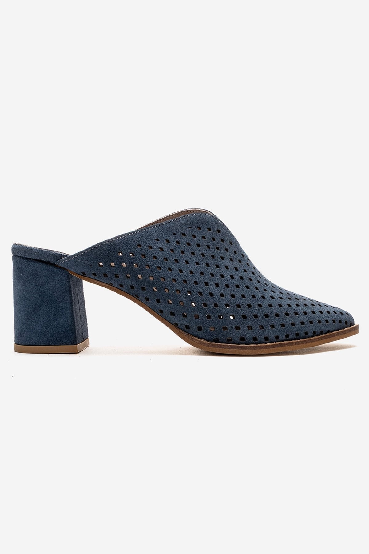 TOEN - Denim Blue Genuine Leather Block Heel Mule – heel view showing leather, suede, blue, Vowalisse