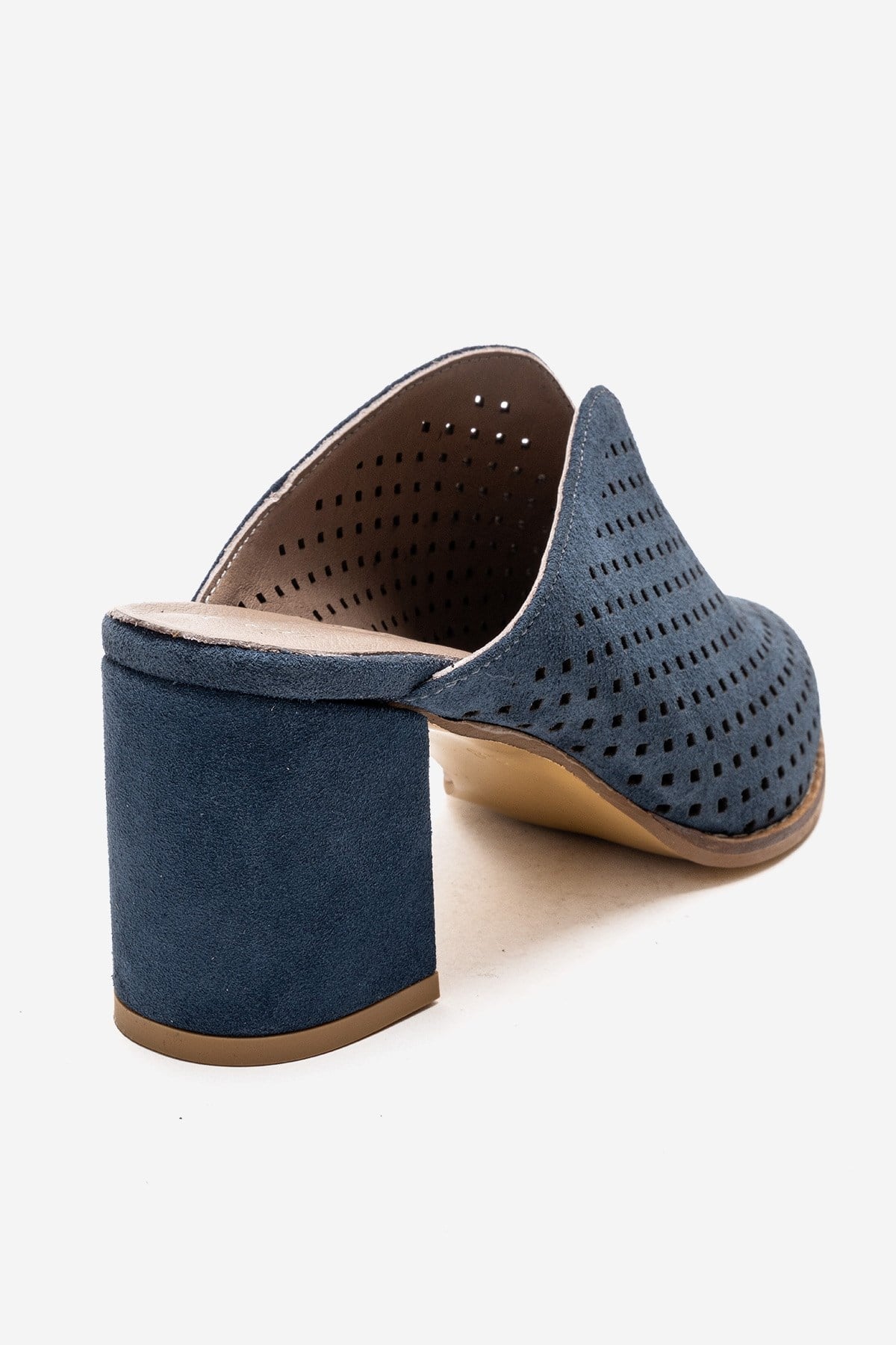 TOEN - Denim Blue Genuine Leather Block Heel Mule – back view showing leather, suede, blue, Vowalisse