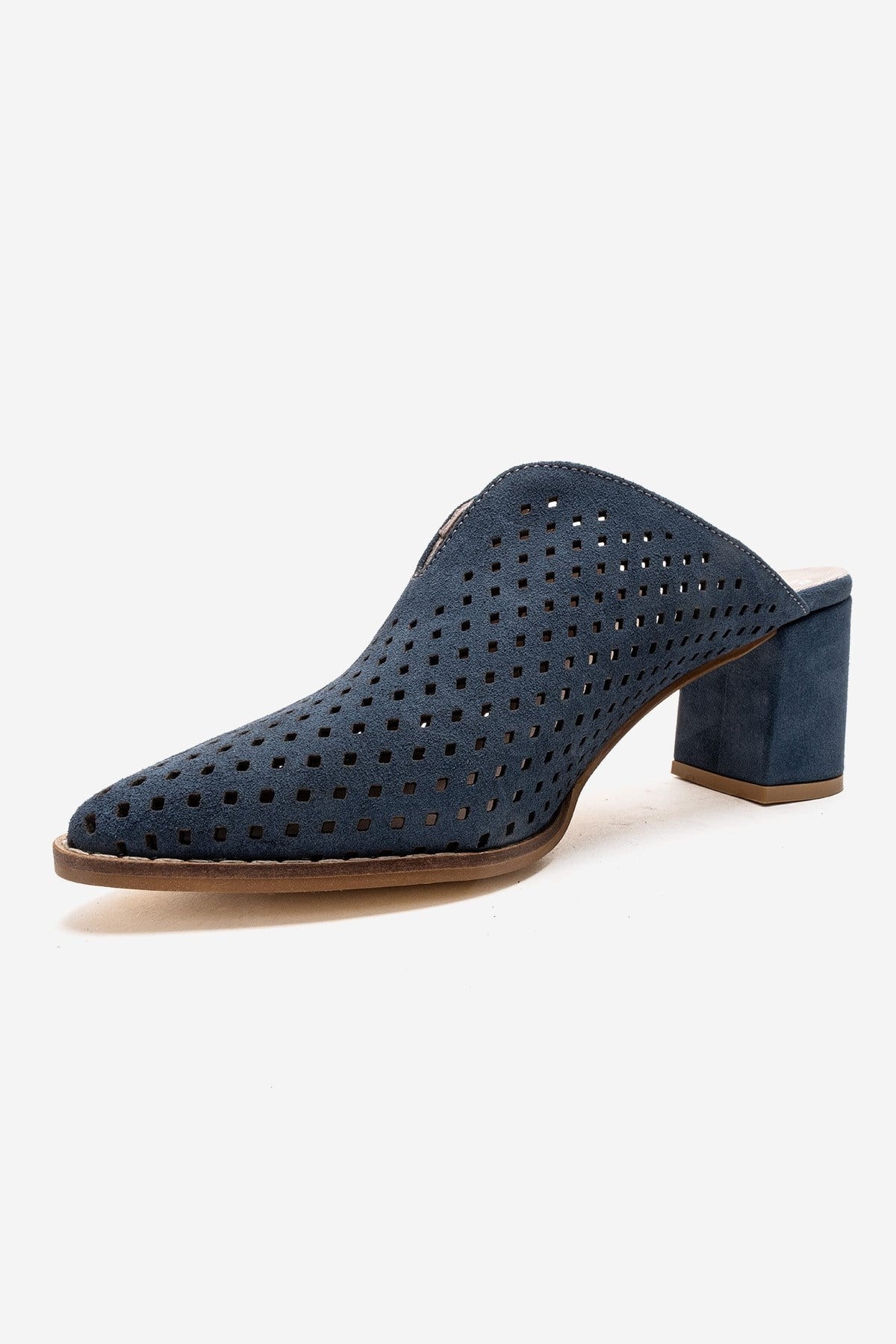 TOEN - Denim Blue Genuine Leather Block Heel Mule – top view showing leather, suede, blue, Vowalisse
