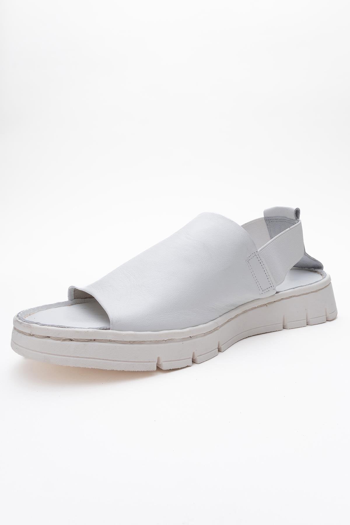 Londoi - White Elastic Strap Leather Sandal – heel view showing leather, white, Vowalisse