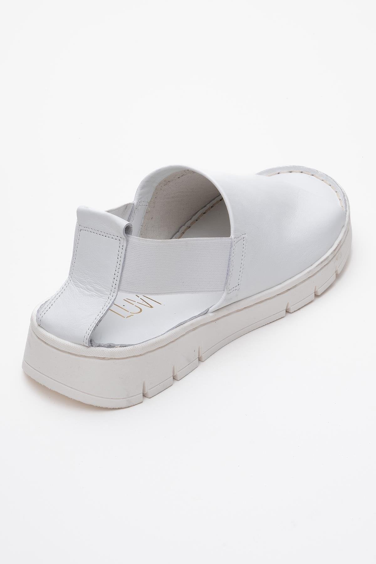 Londoi - White Elastic Strap Leather Sandal – back view showing leather, white, Vowalisse