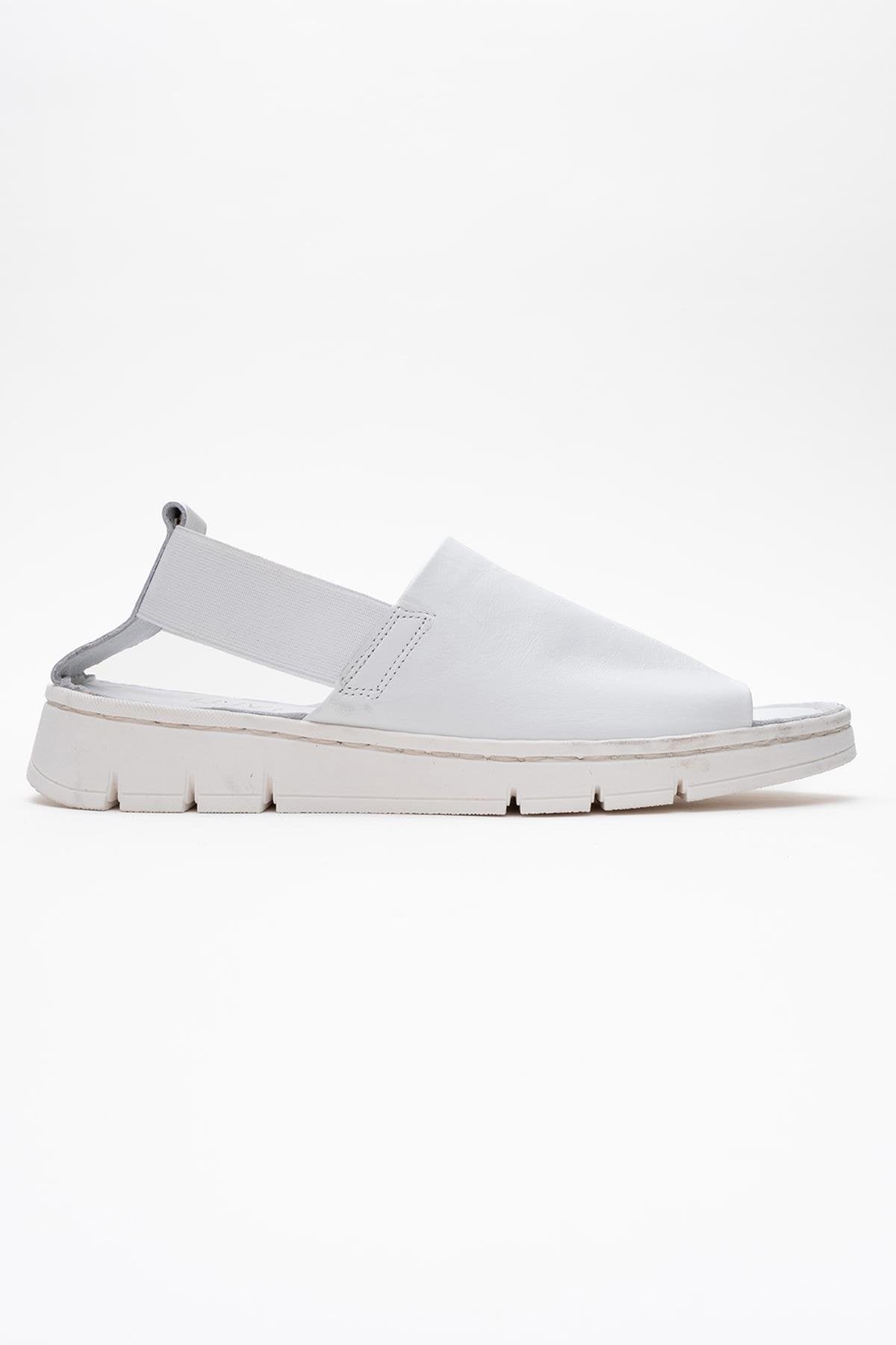 Londoi - White Elastic Strap Leather Sandal – top view showing leather, white, Vowalisse