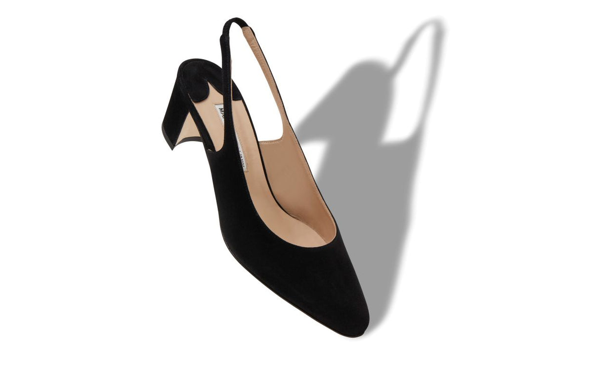 Evangeline Élan Black Slingback Slingbacks – front three-quarter view showing black slingback, almond toe, suede, Vowalisse