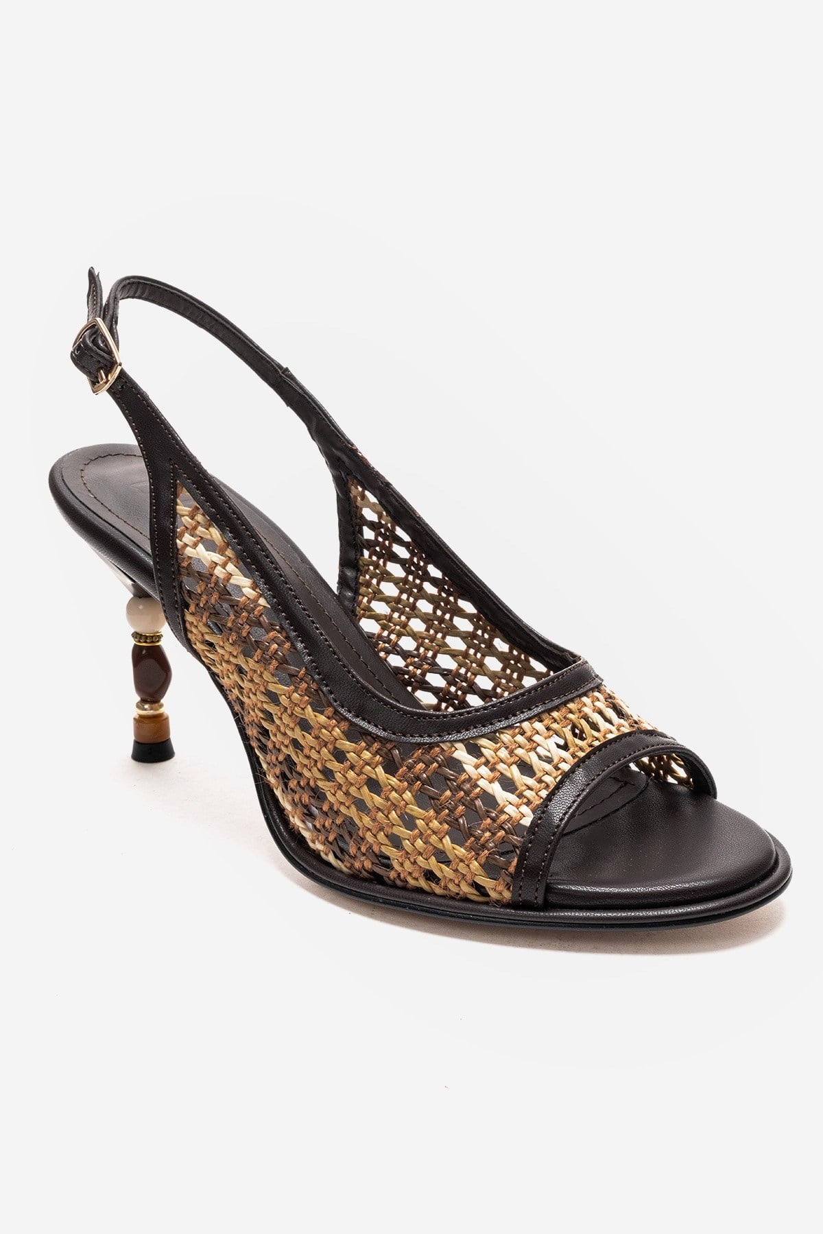SOVEN - Brown Beaded-Heel Sandal – detail view showing leather, beaded, Vowalisse