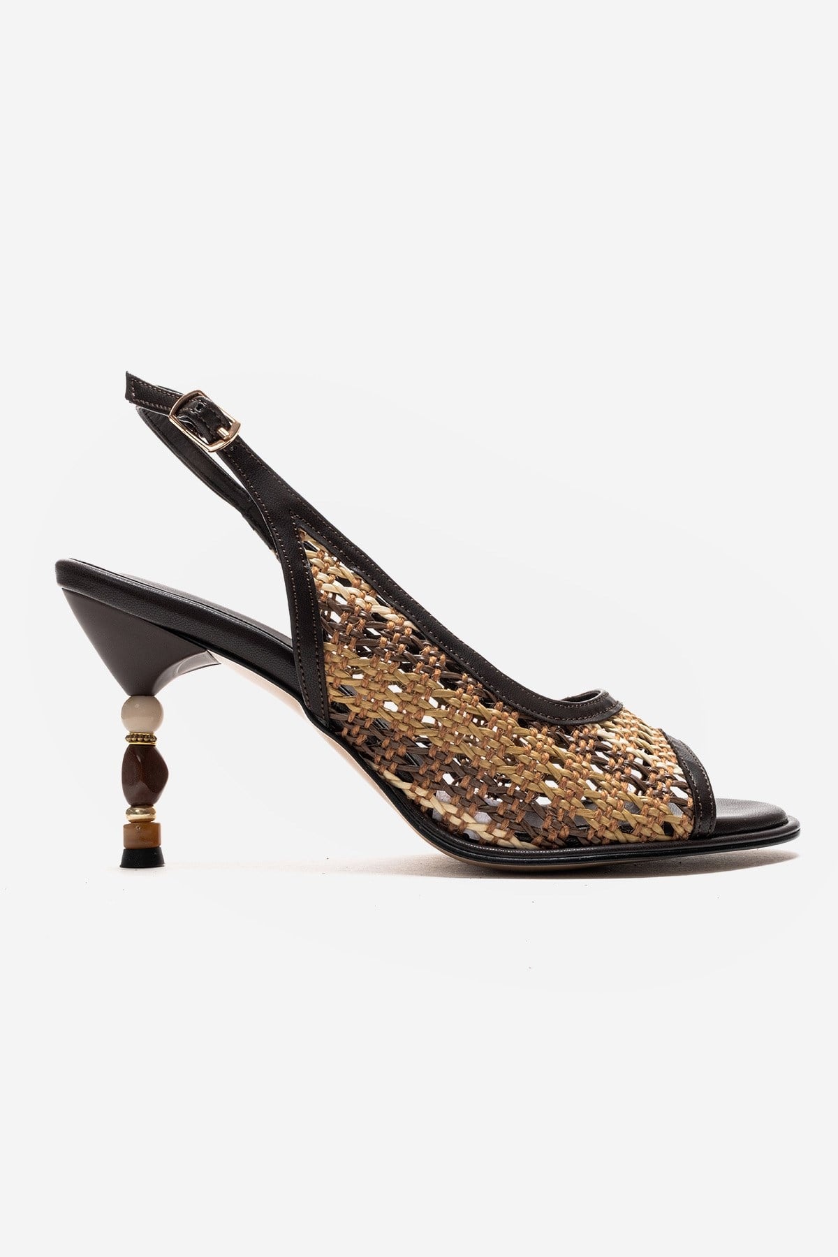 SOVEN - Brown Beaded-Heel Sandal – heel view showing leather, beaded, Vowalisse
